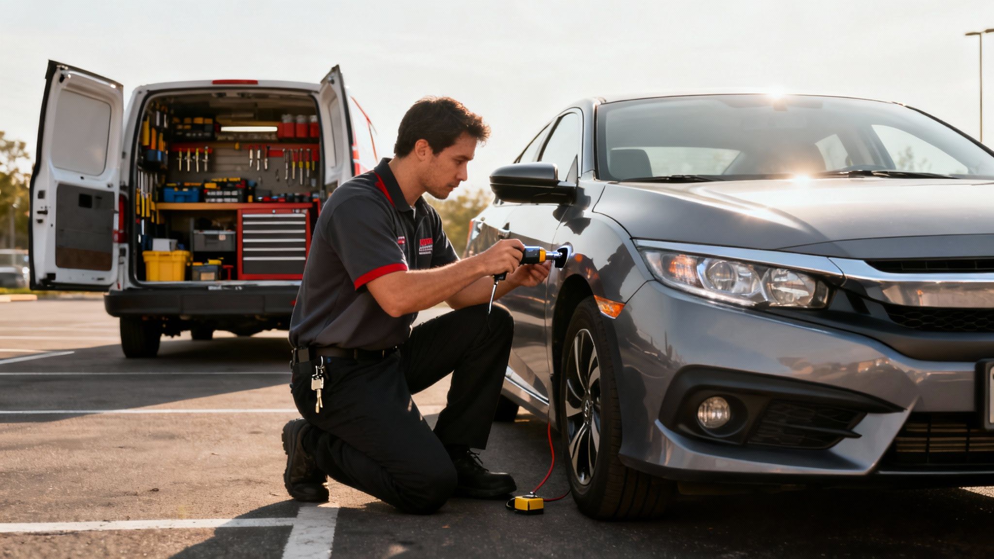 A mobile locksmith kneels, using a tool on a grey Honda Civic's door lock in a parking lot with his service van open in the background.