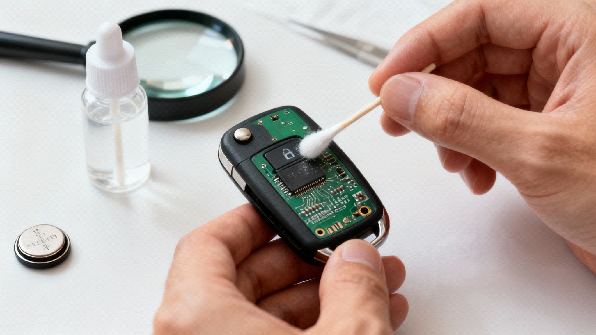 A person cleaning the exposed circuit board of a car key fob with a cotton swab.