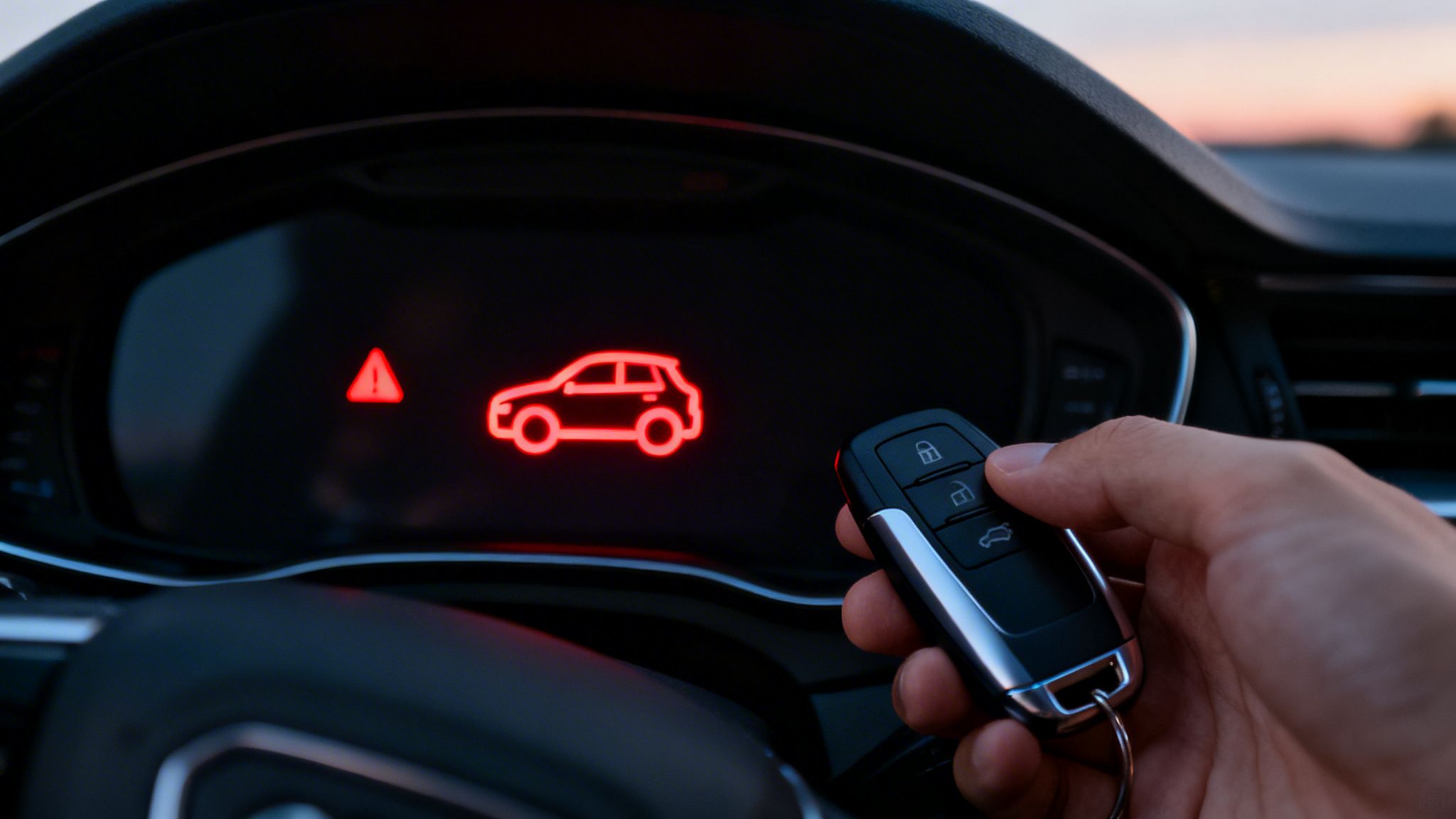 Hand pressing a car key remote with a red warning light of a car and triangle on the dashboard.