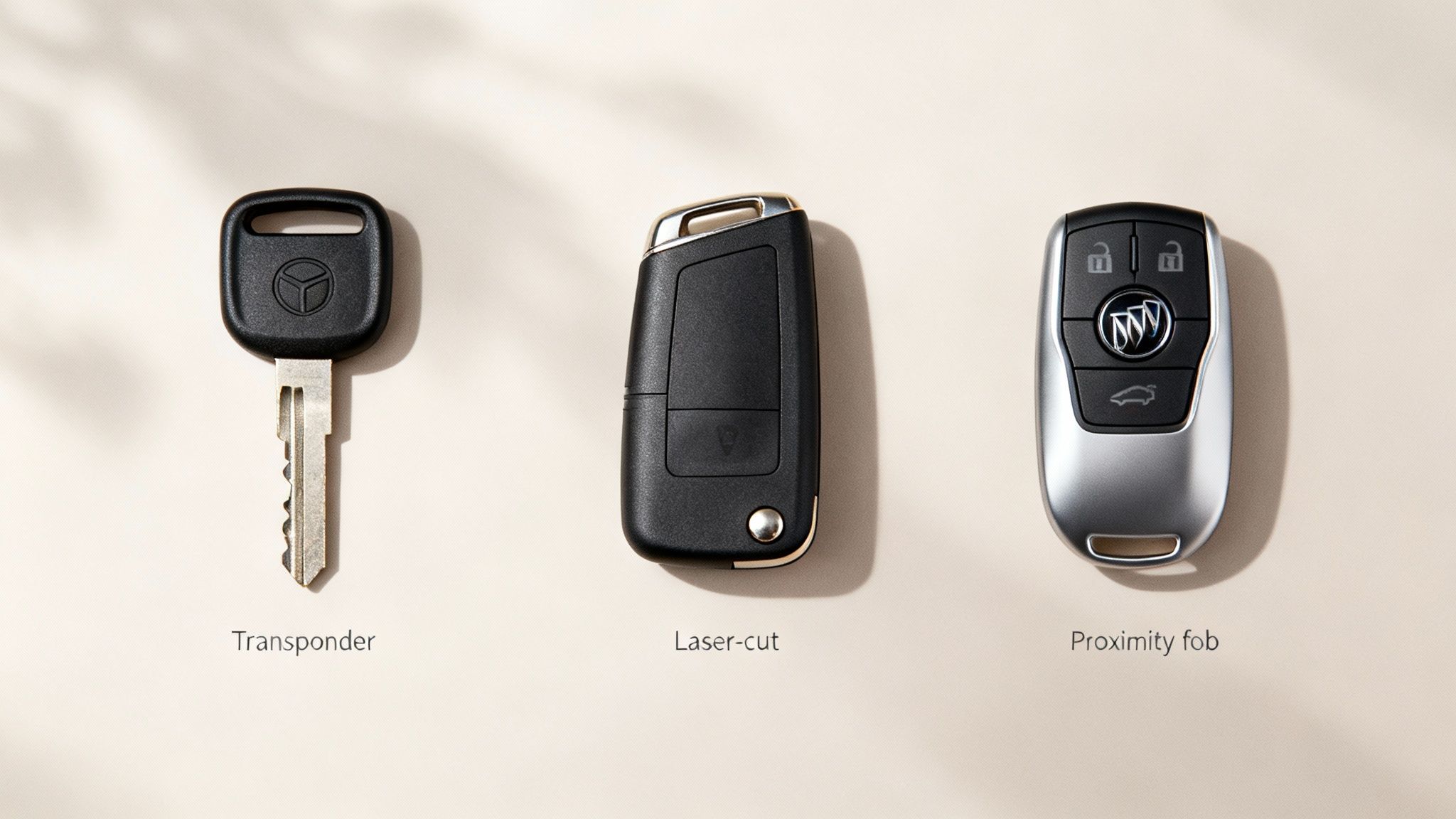 An overhead view showing three different car keys: transponder, laser-cut, and a proximity fob.