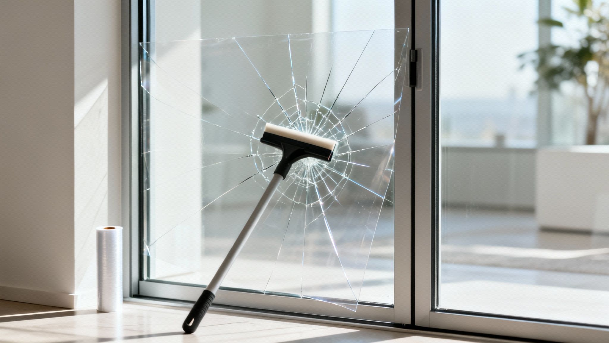 A squeegee stuck in the center of a shattered sliding glass door with plastic wrap on the floor.