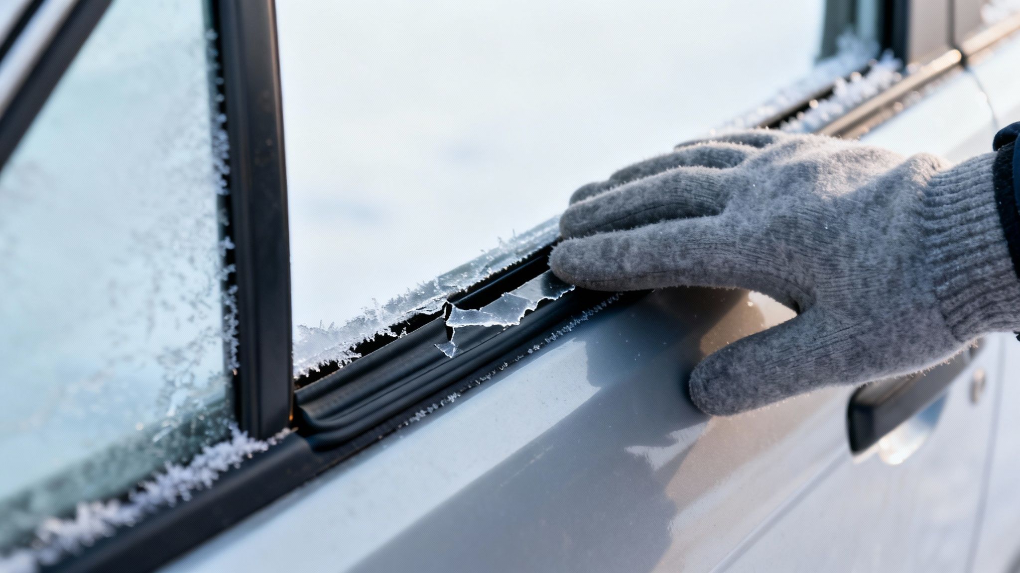 A gloved hand touches a frozen car door and window covered in frost on a cold winter day.