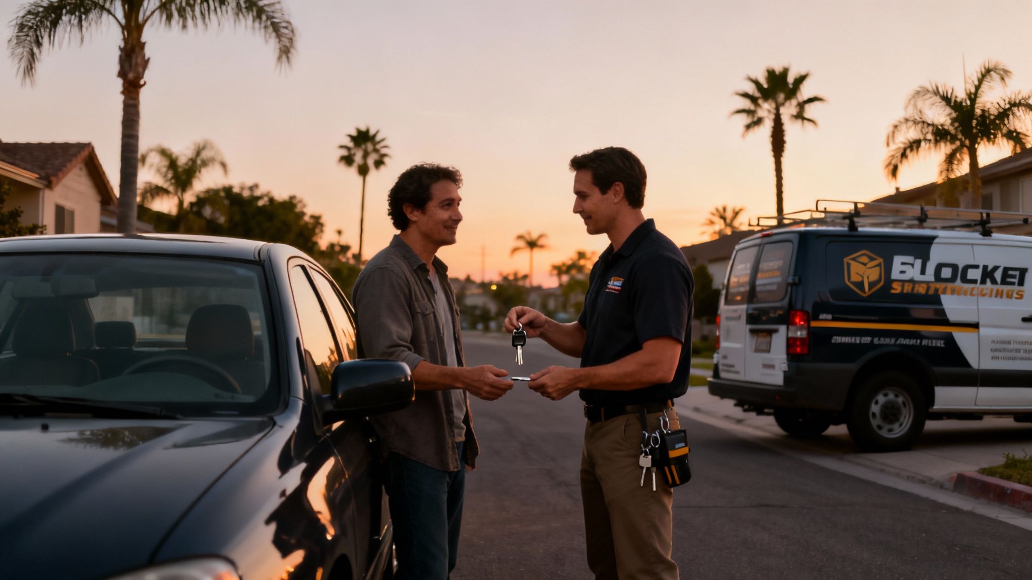 A locksmith in uniform hands car keys to a smiling customer beside a car at sunset.