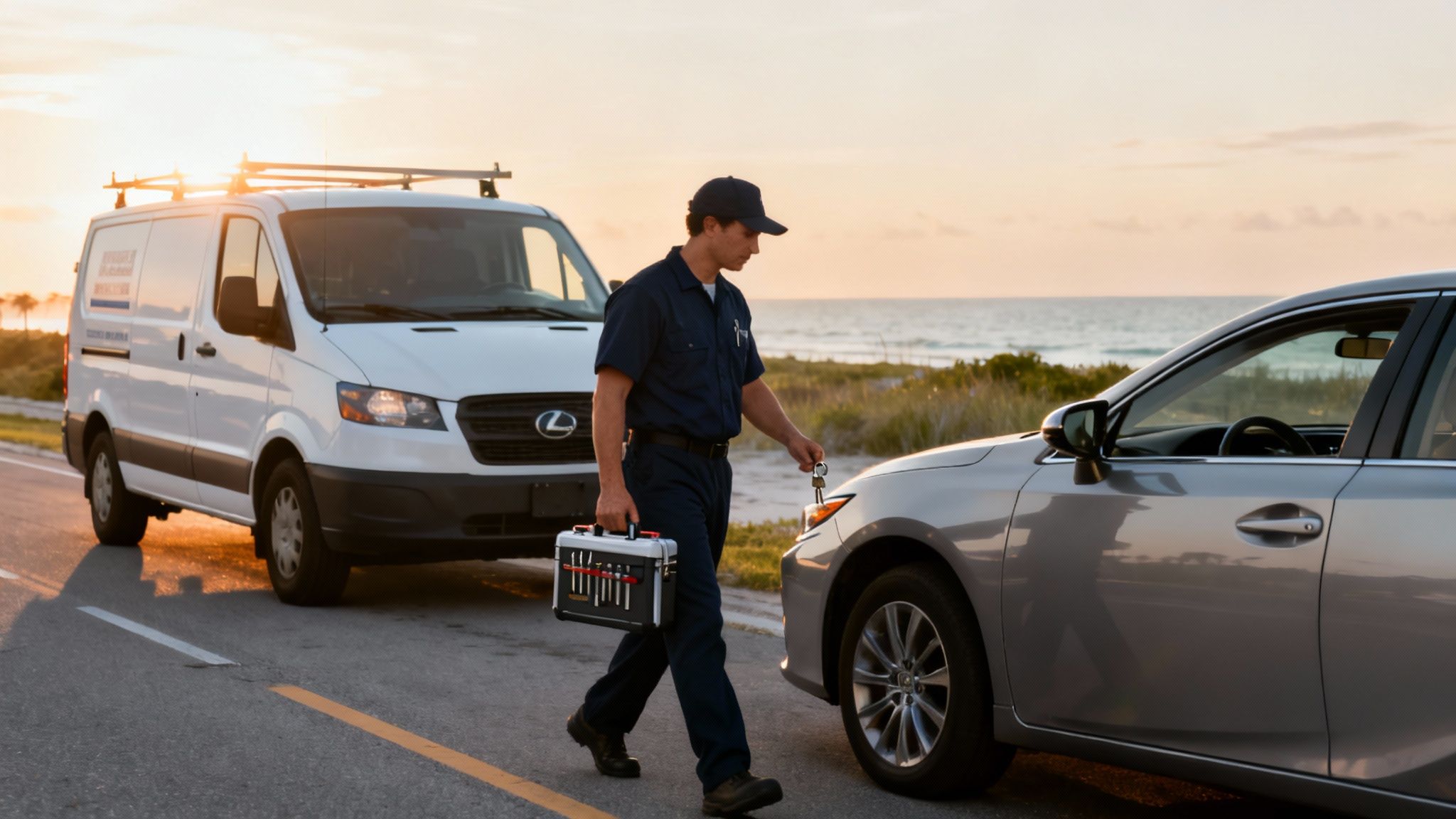 A service technician with a toolbox and keys walks towards a car, a service van nearby, by the ocean at sunset.