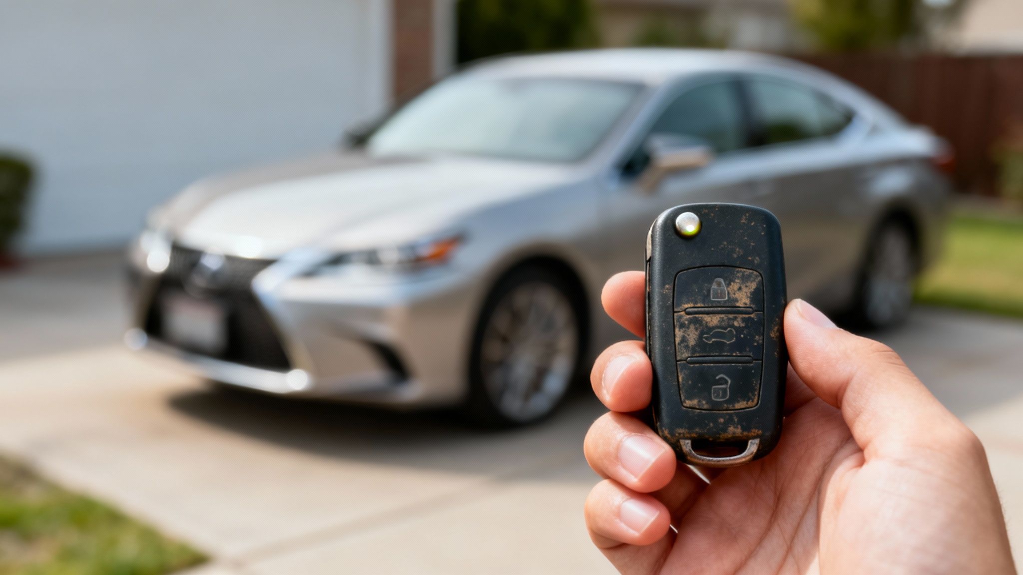 A hand holds a worn car key fob with a silver car in the blurry background on a driveway.