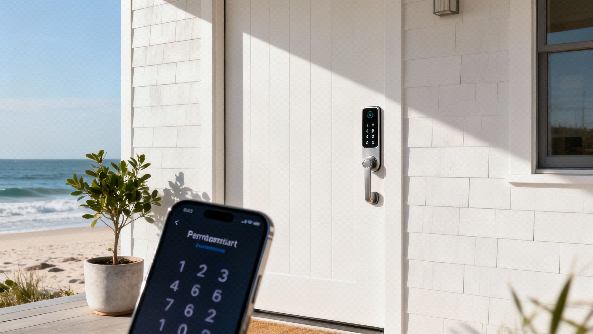 Modern smart lock on a white door with a smartphone app displaying a keypad, overlooking a beach.