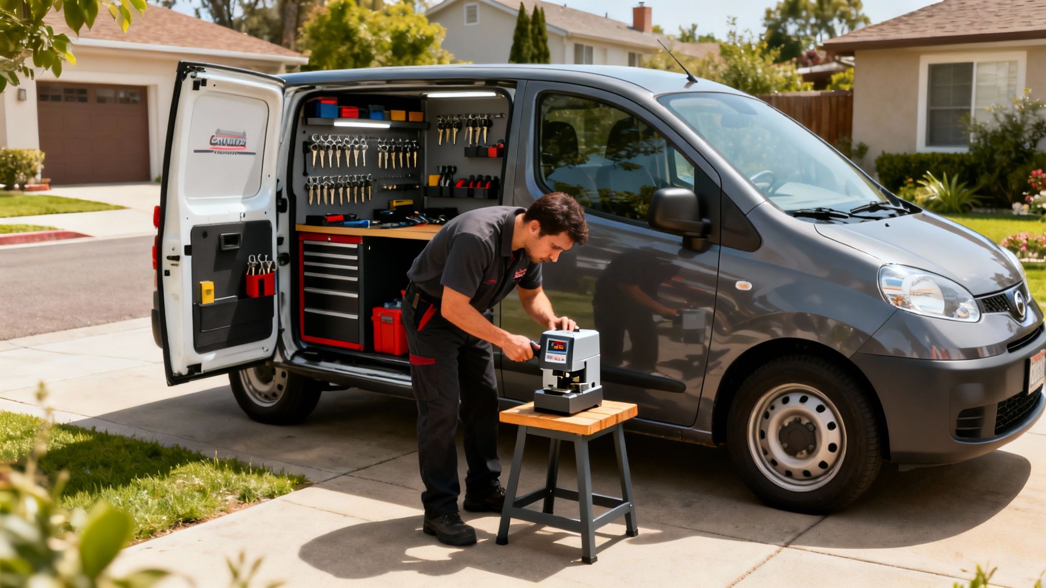 A technician uses a key cutting machine next to a service van equipped with tools.
