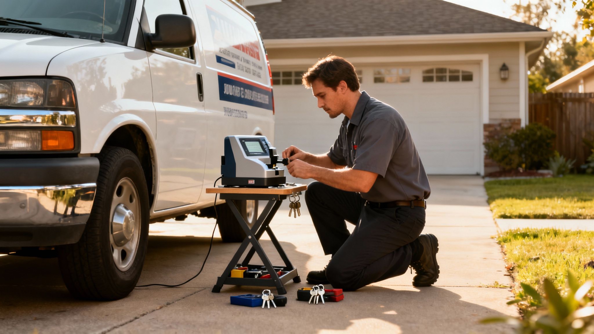 A locksmith in uniform kneels by a service van, operating a key cutting machine on a table.