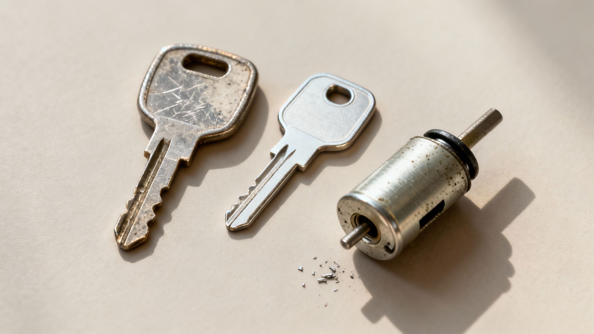 Close-up of two metal keys and a damaged car ignition lock cylinder with metal debris.