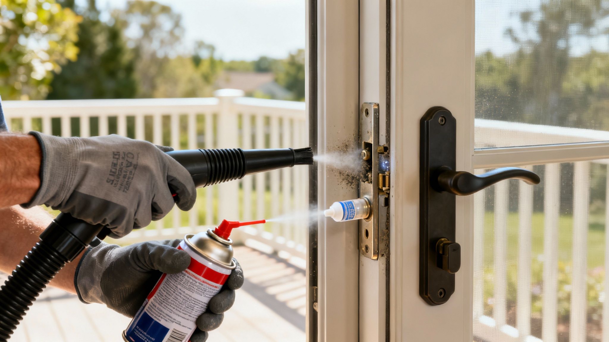 Gloved hands cleaning a dirty patio door lock mechanism with lubricant spray and a vacuum tool.