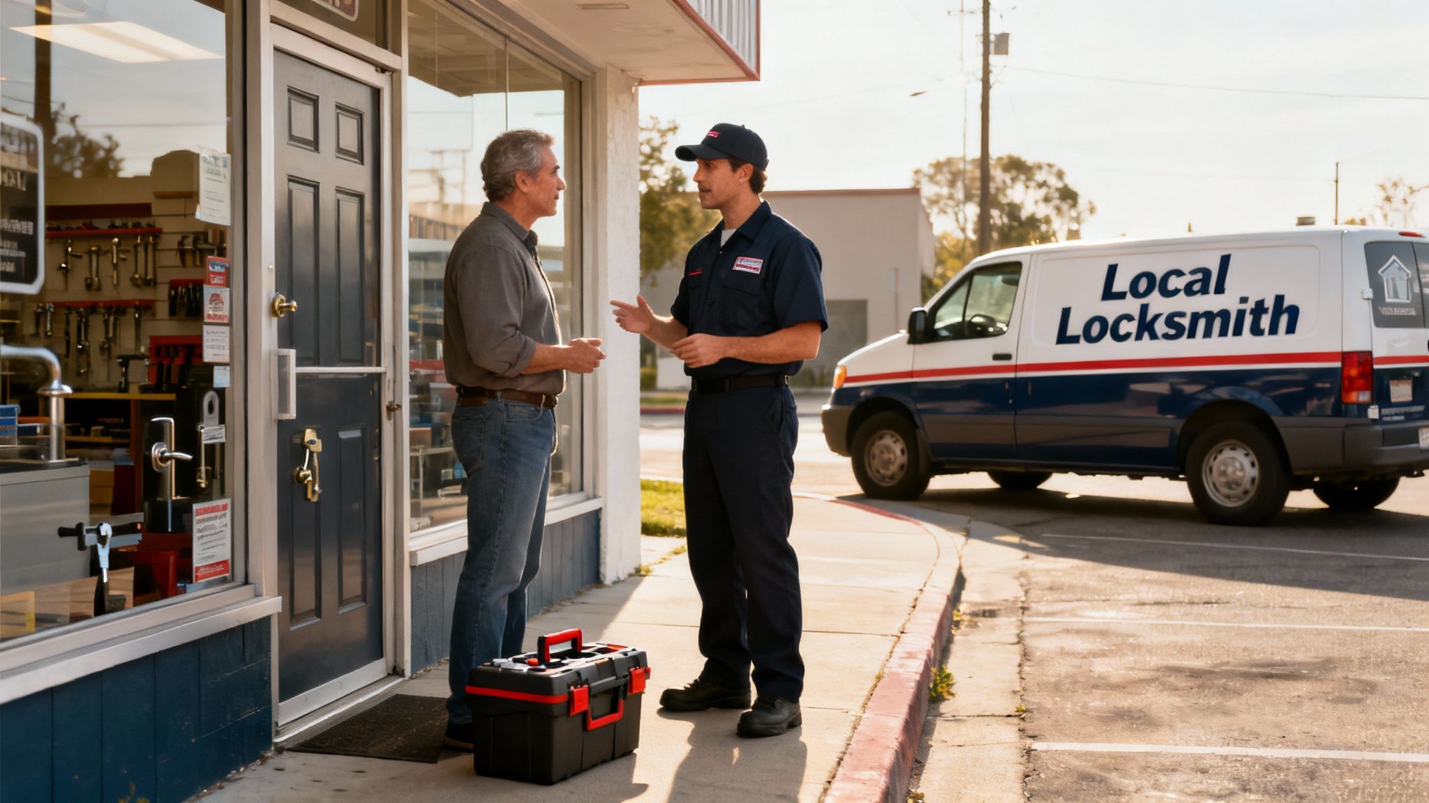 A professional locksmith in uniform consults with a male customer outside a shop, near a service van.