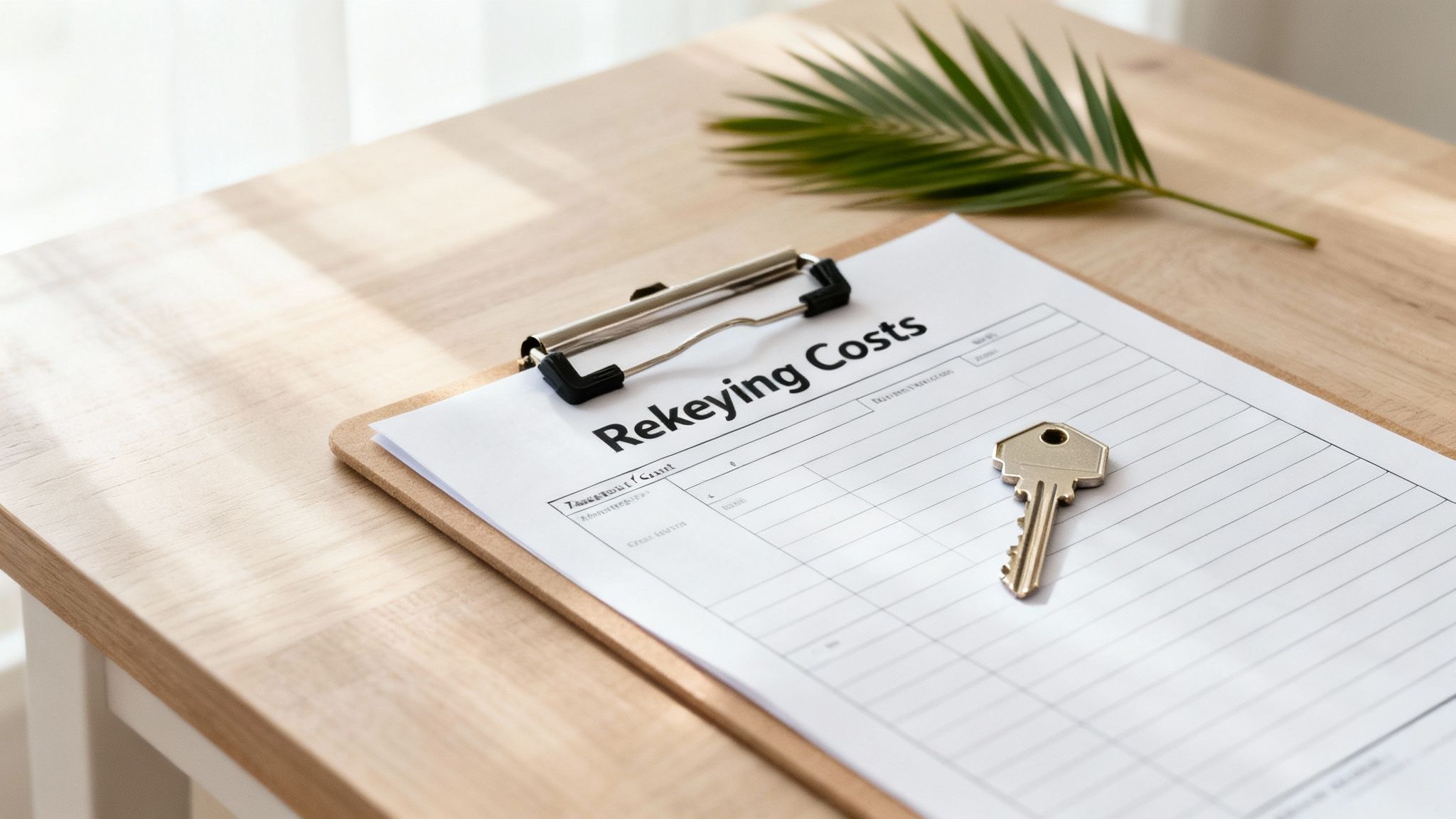 A document titled "Rekeying Costs" on a clipboard with a house key and a green leaf on a wooden table.