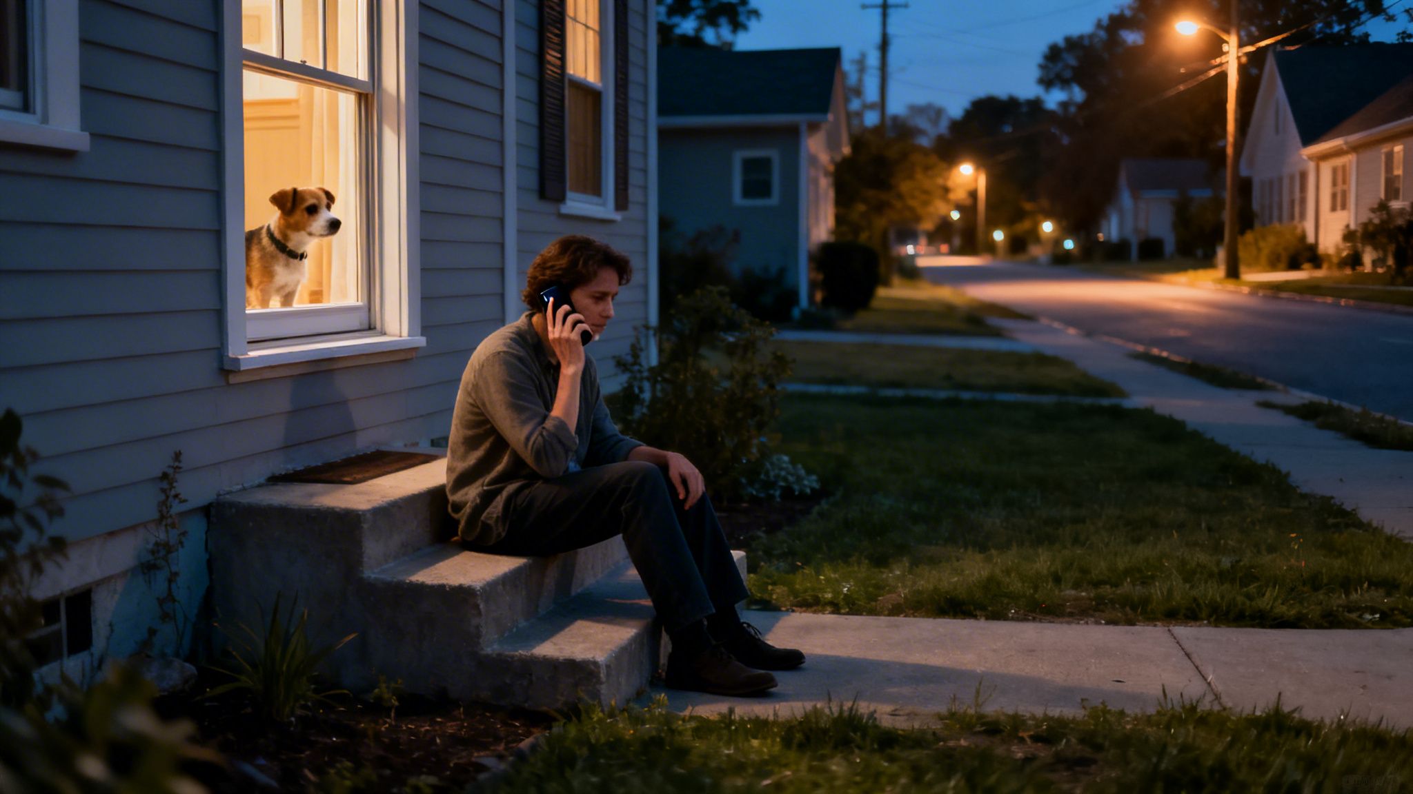 A young man sits on house steps at dusk, talking on a phone, with a dog watching from the window.