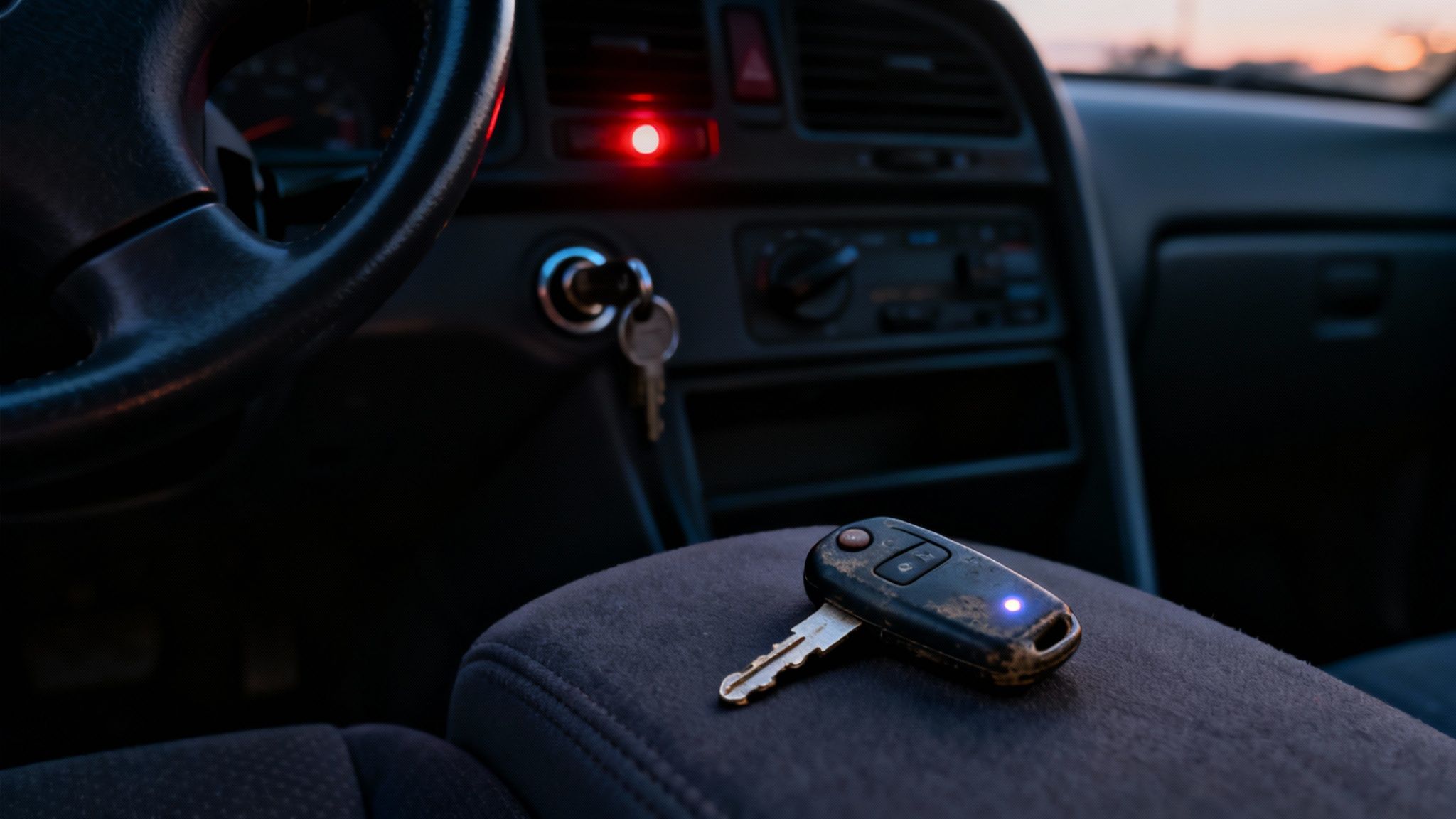 Car interior with a remote key on the armrest and a blinking red security light.