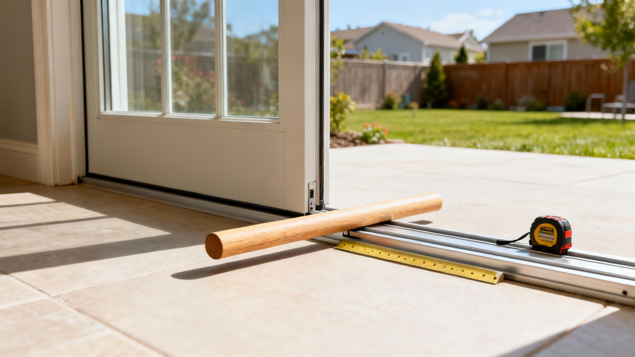 A wooden dowel, tape measure, and ruler lie on a sliding glass door track for security.