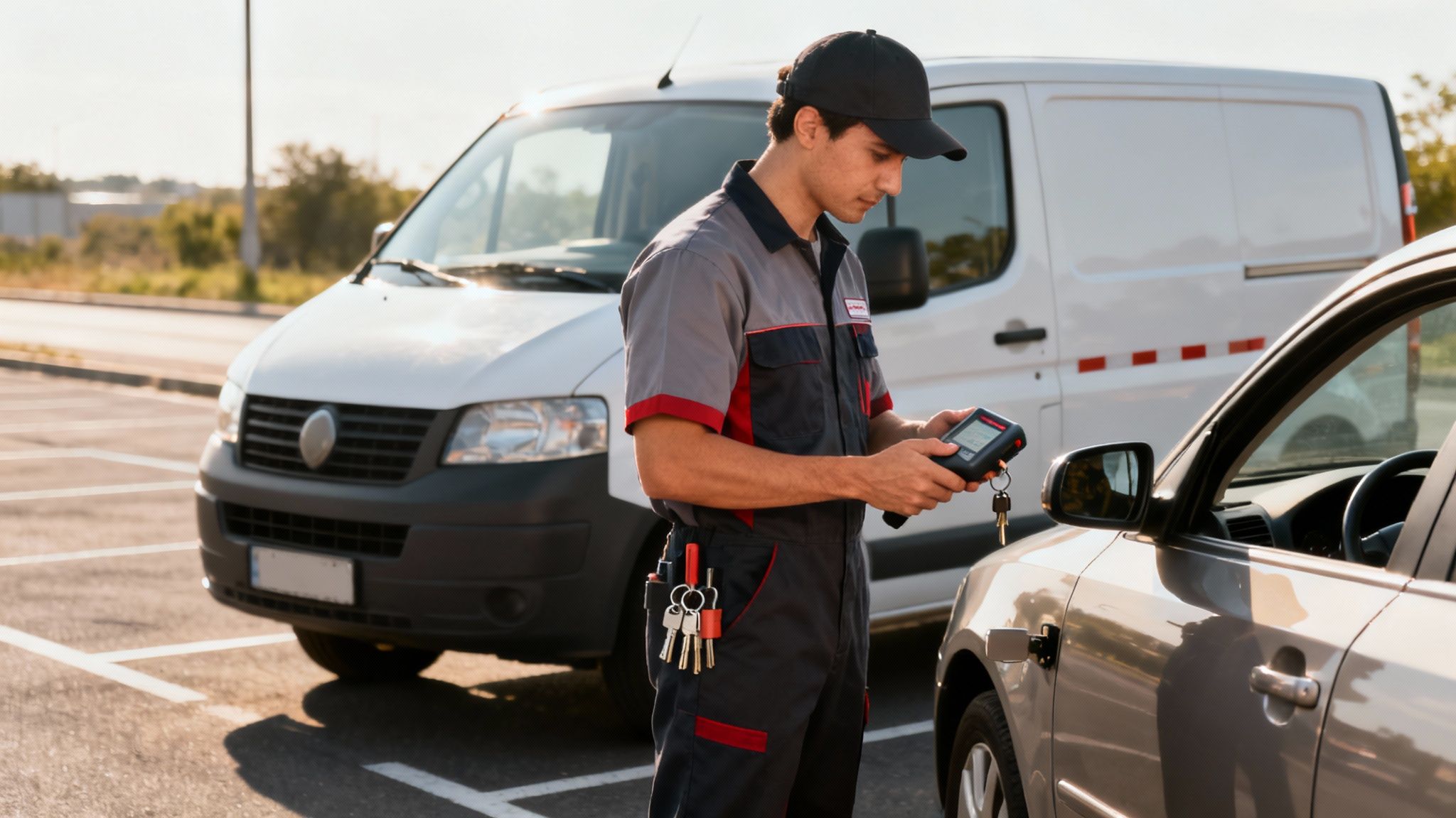 Male technician reprogramming a car key with a diagnostic tool in a parking lot.