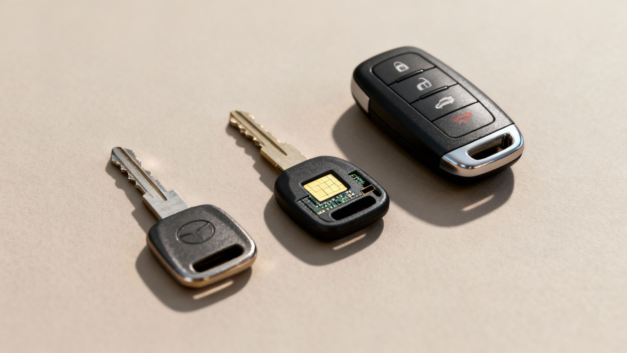 Three different car keys, including a traditional key, a transponder key with a visible chip, and a modern car remote.