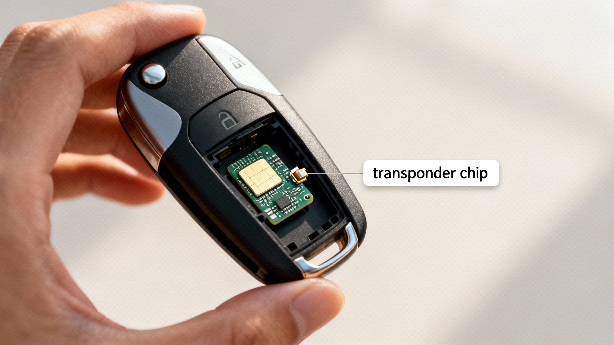 A hand holds an opened car key fob, revealing the crucial transponder chip inside.
