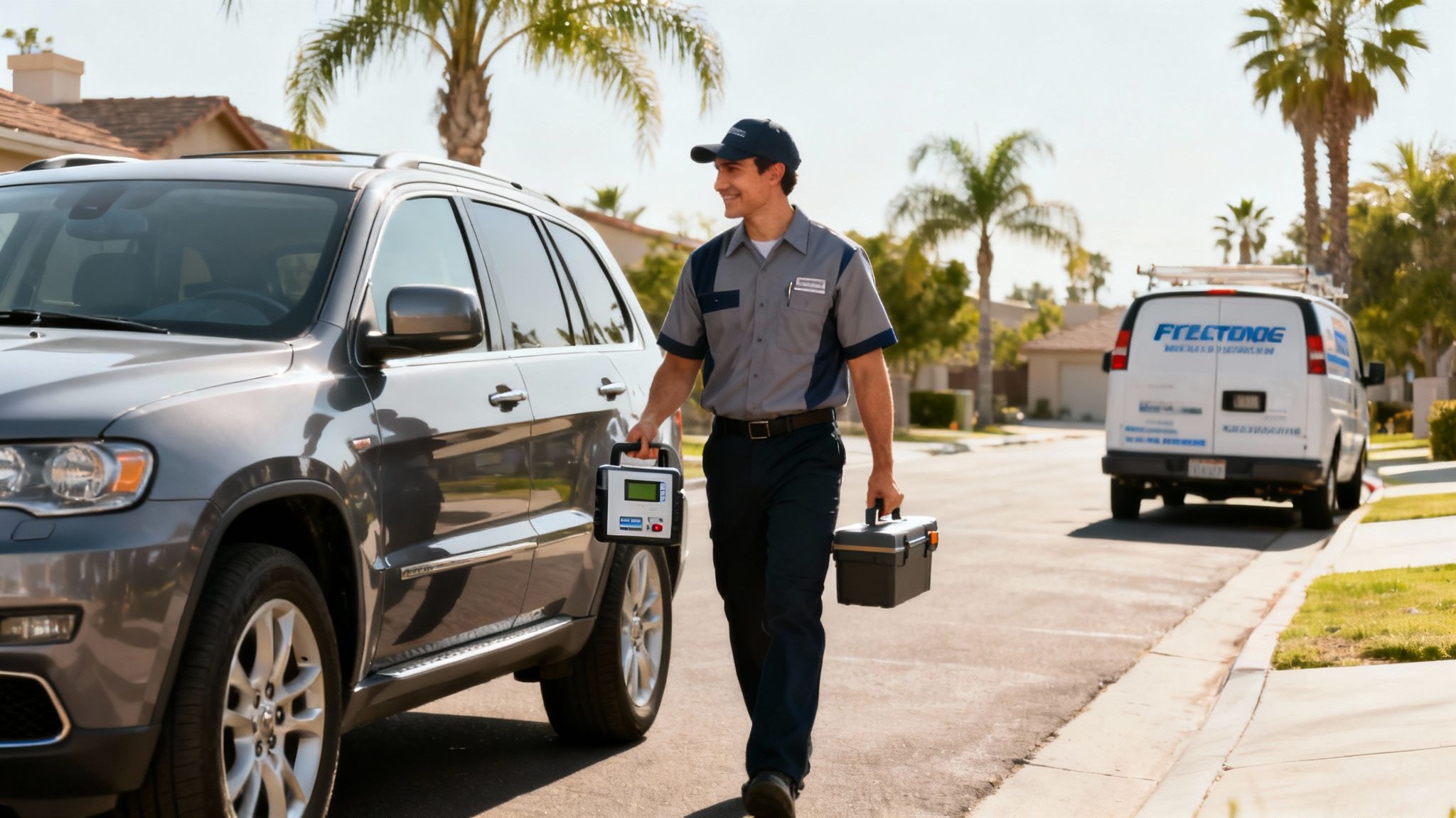 A smiling service technician walks with diagnostic tools, ready to assist a customer in a residential area.