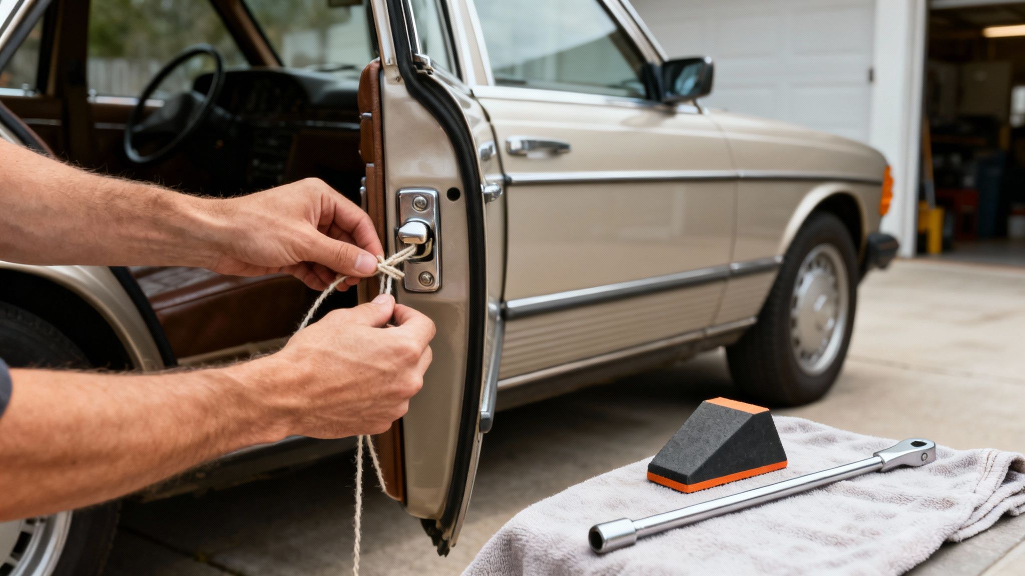 Hands tying a string around a vintage beige car door latch, possibly to unlock it.