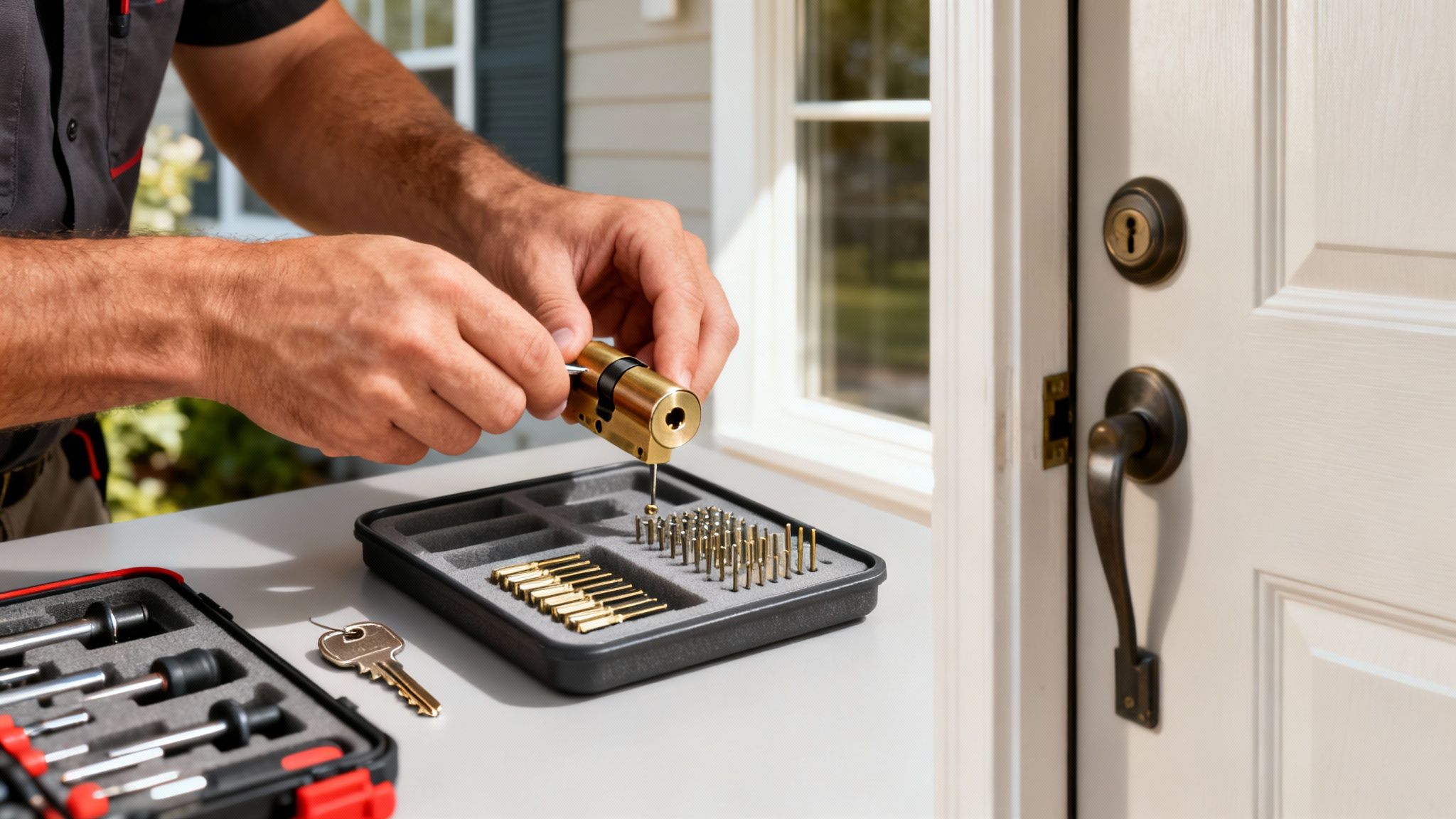 A locksmith's hands rekeying a brass lock cylinder with small pins from a kit.