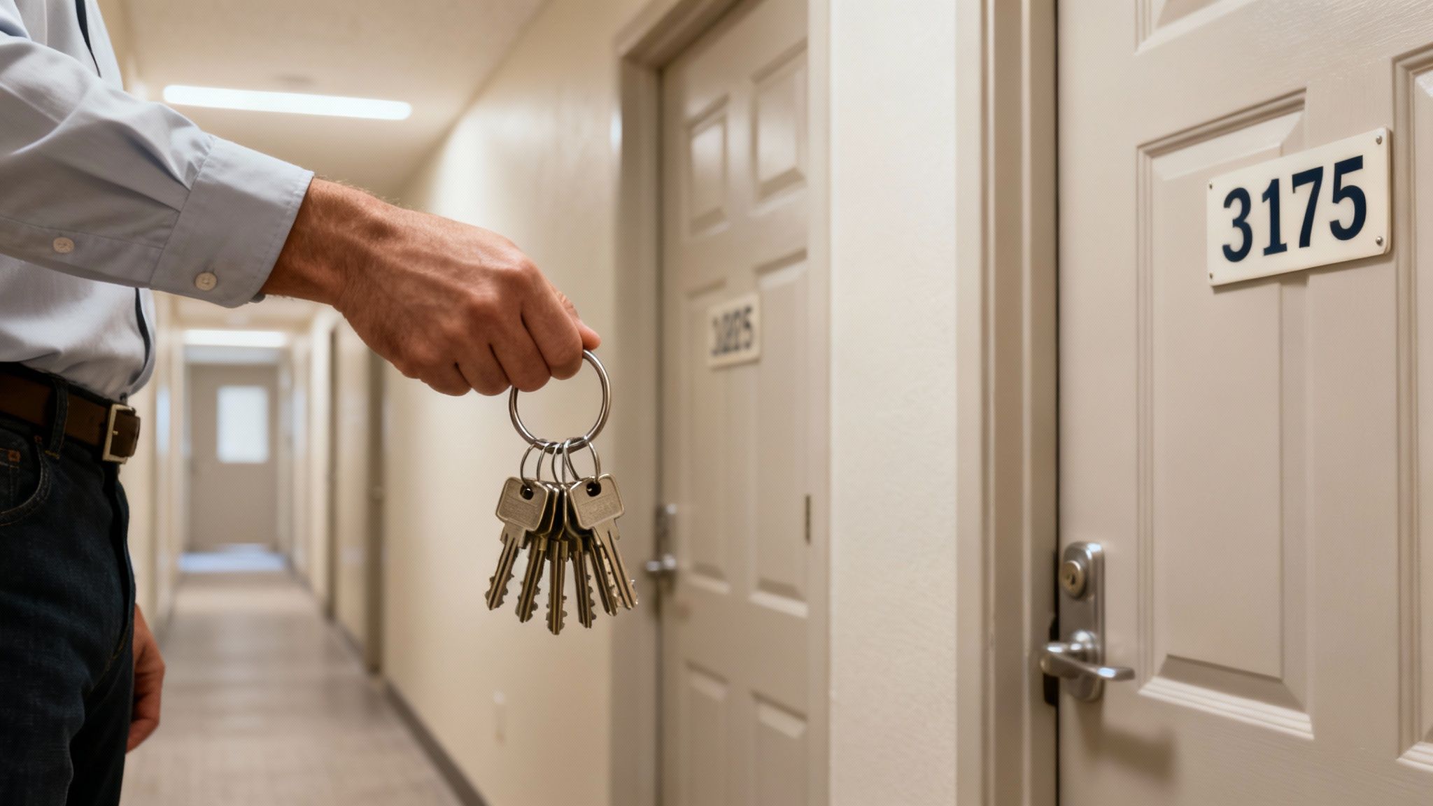 Close-up of a person's hand holding a large ring of keys in an apartment building hallway.