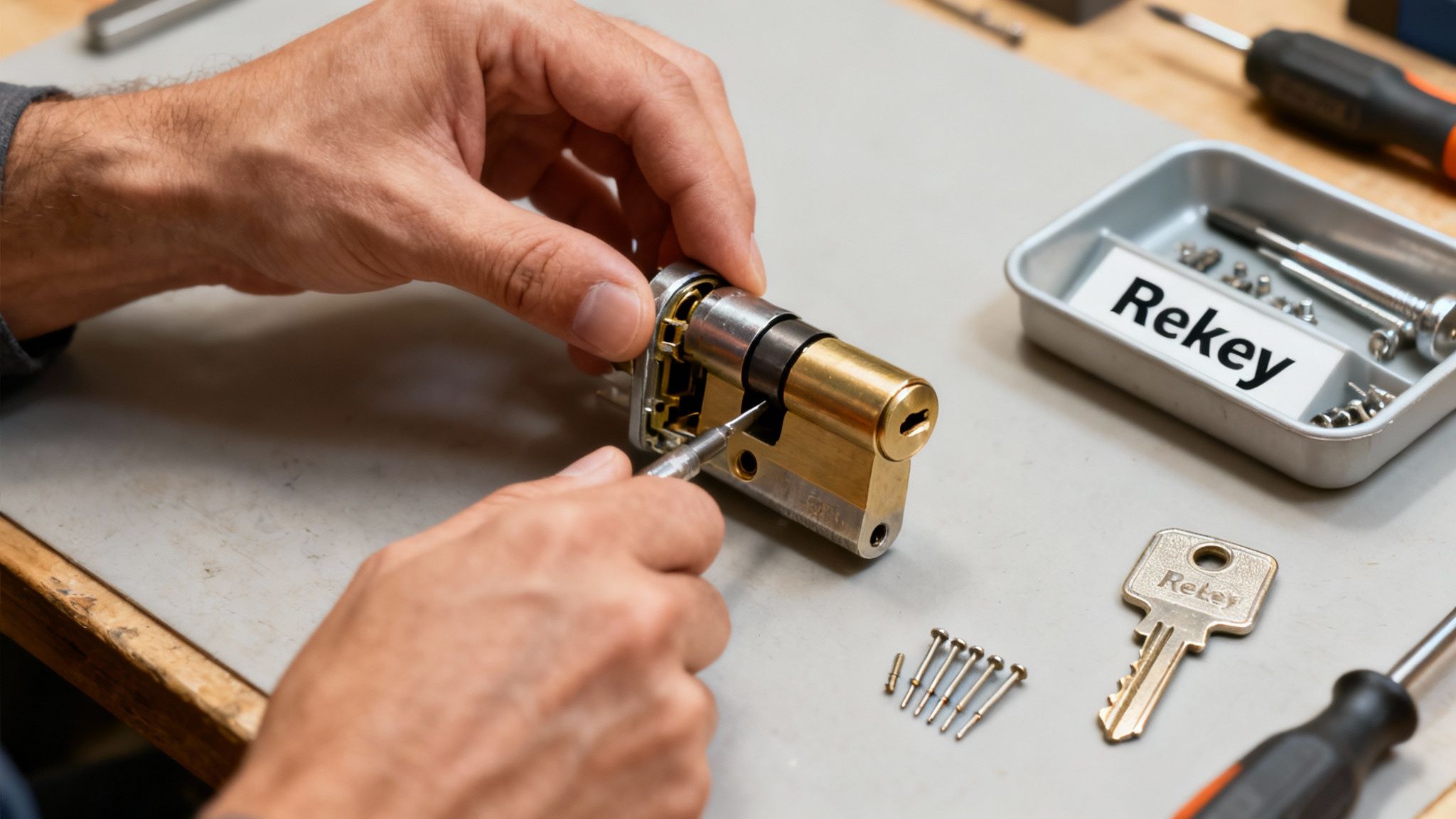Close-up of a locksmith's hands rekeying a door lock cylinder with tools and pins on a workbench.