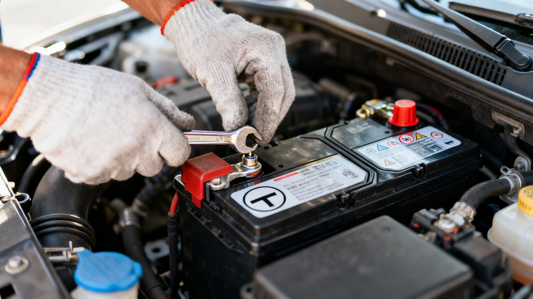 Close-up of mechanic's gloved hands tightening a car battery terminal with a wrench.