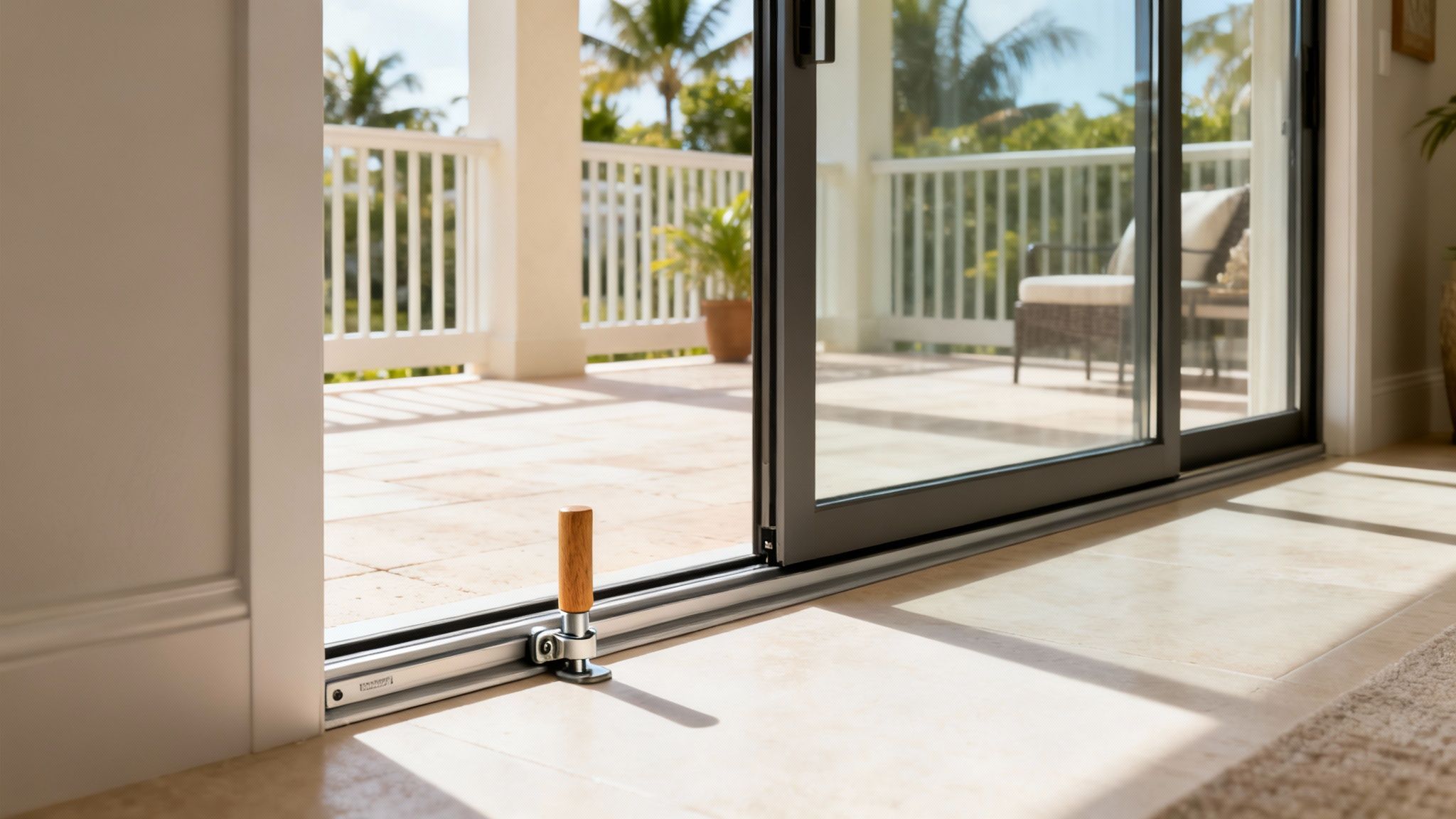 A sliding glass door opens to a sunny patio, secured by a floor lock for enhanced home safety.