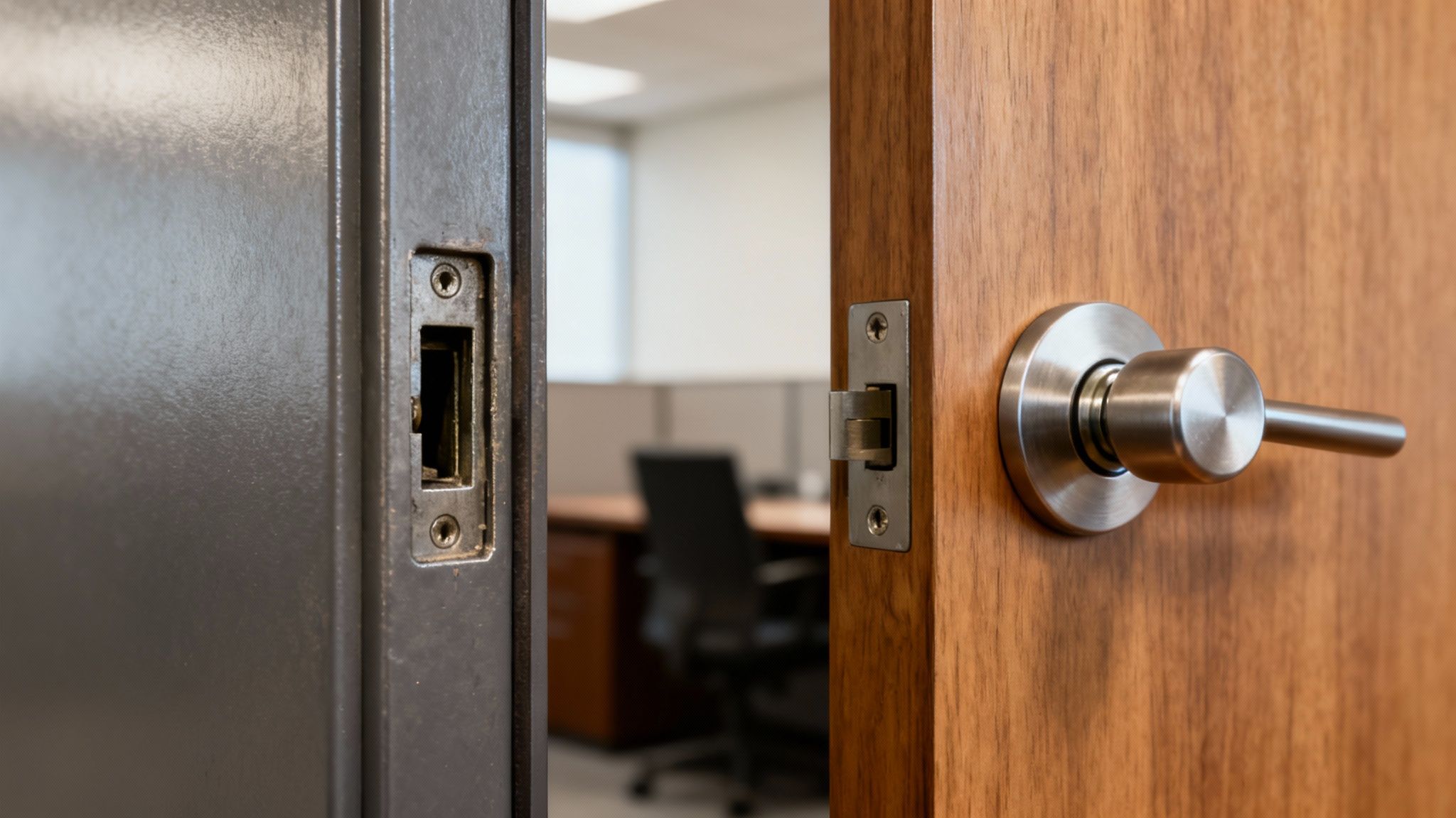 Close-up of an open wooden office door with a modern brushed metal lever handle, revealing a commercial workspace.