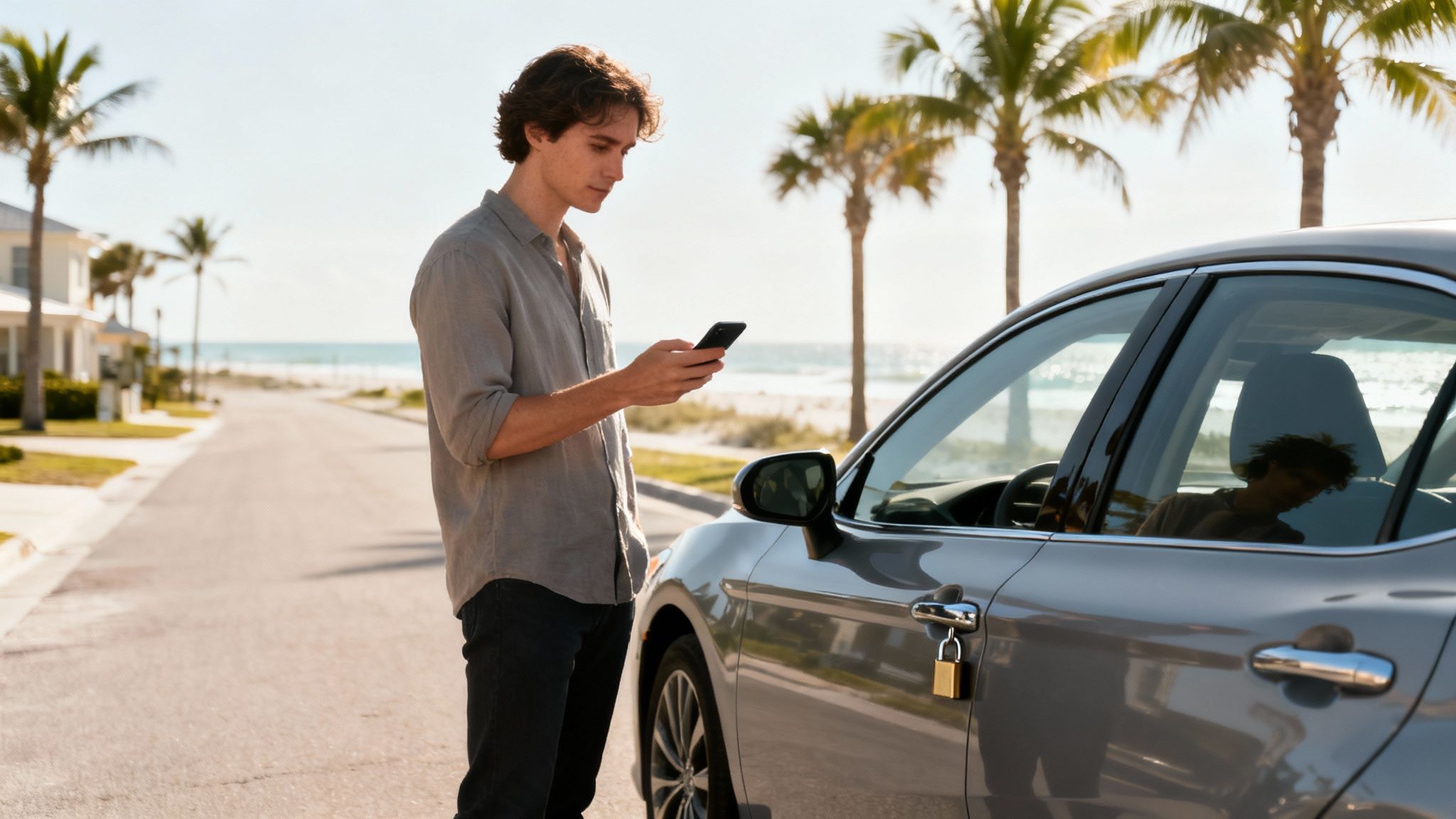 A young man checks his phone while standing by a car with a padlock on its door, near a beach.
