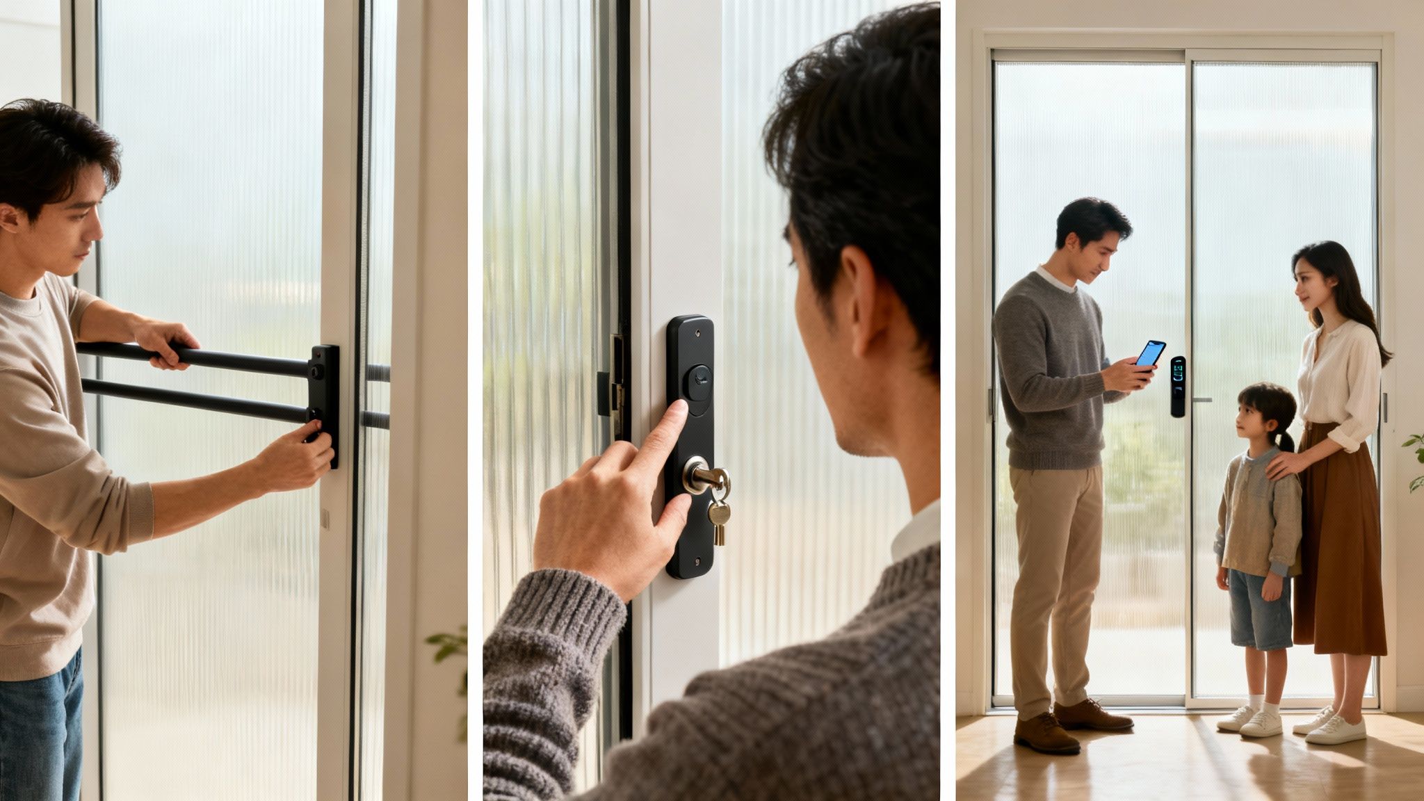 A man installing a security bar, another man using a smart lock, and a family by a smart-locked sliding glass door.