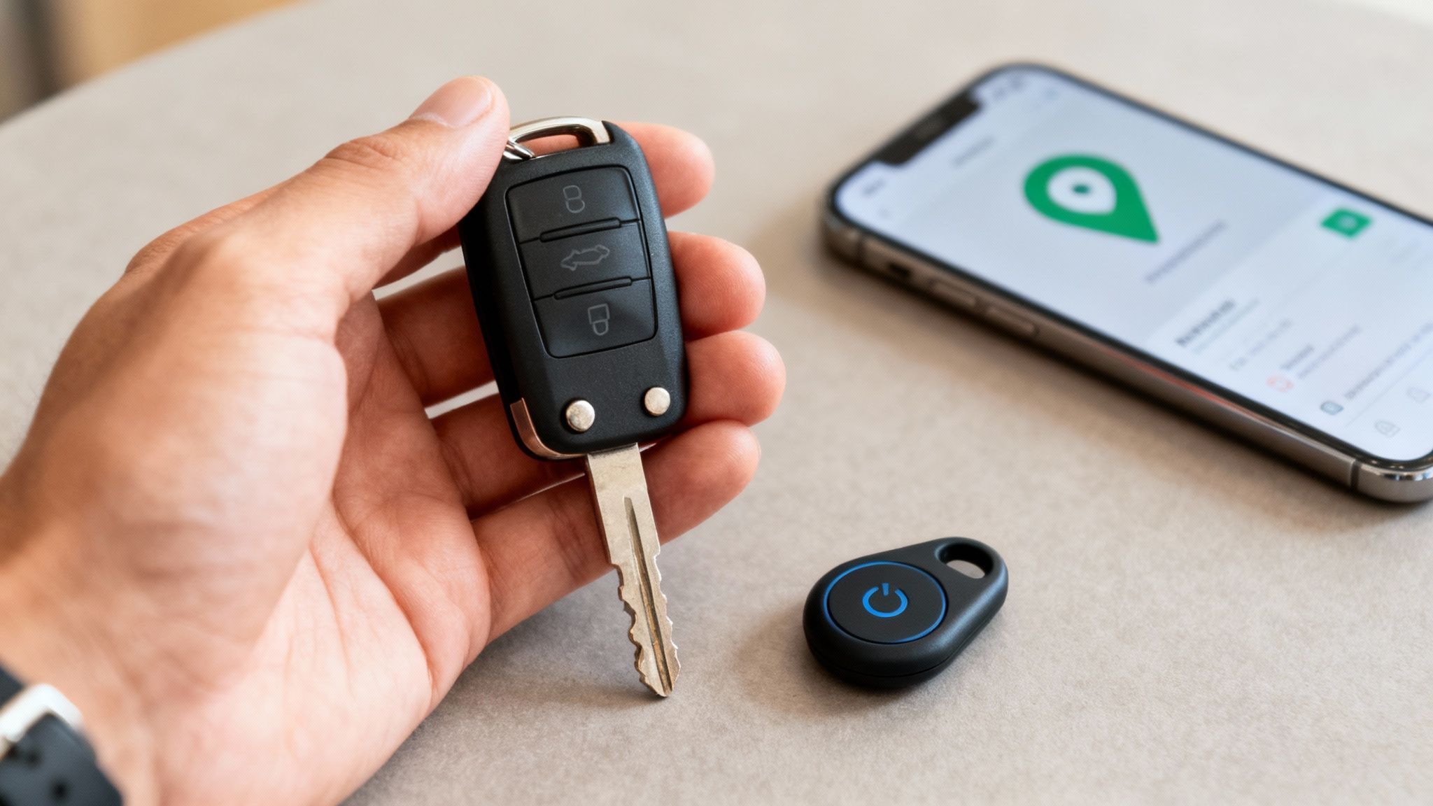 A hand holds a car key, while a smartphone with a tracking app and a small tracker lie on a table.