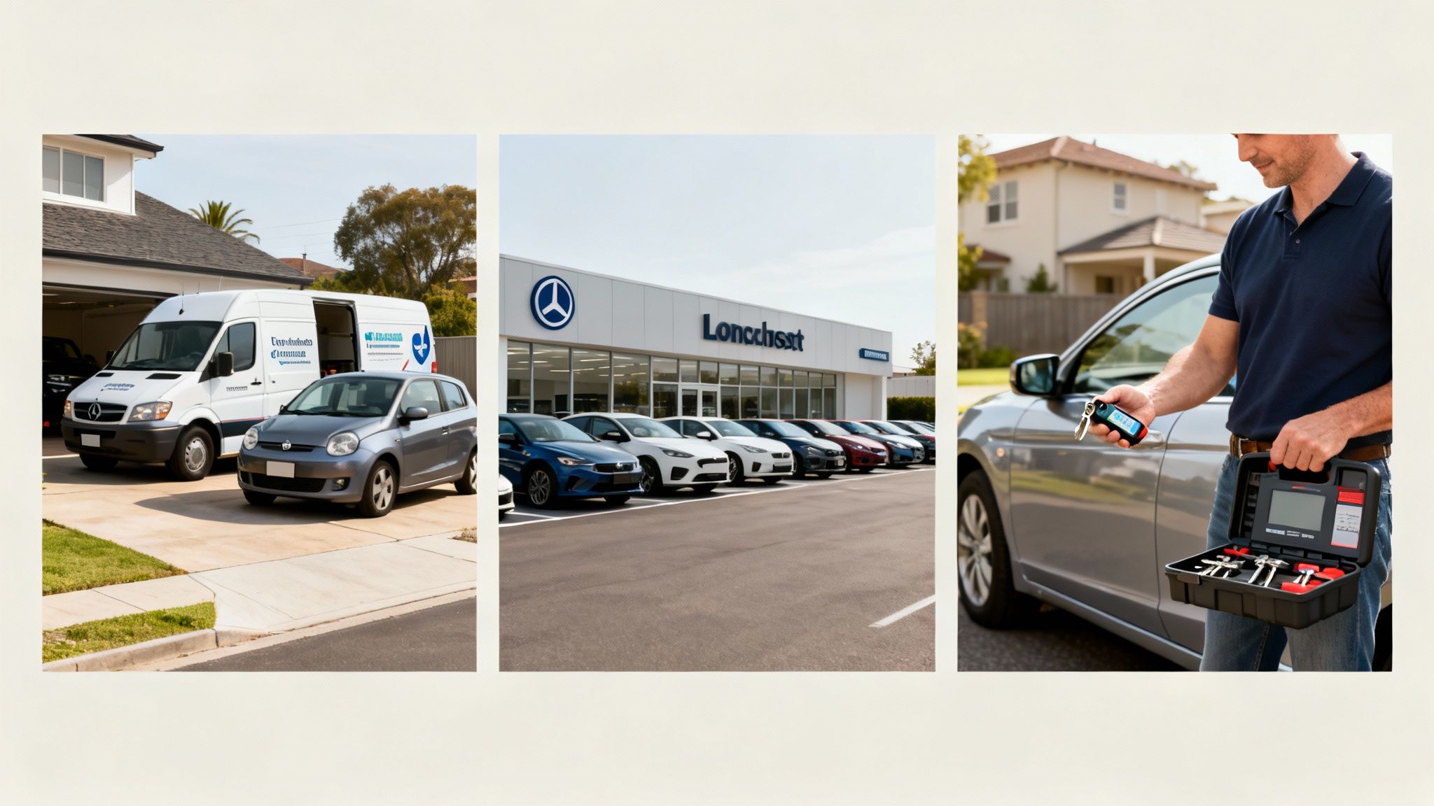 Three images depict a mobile car service van, a car dealership, and a technician programming a car key fob.