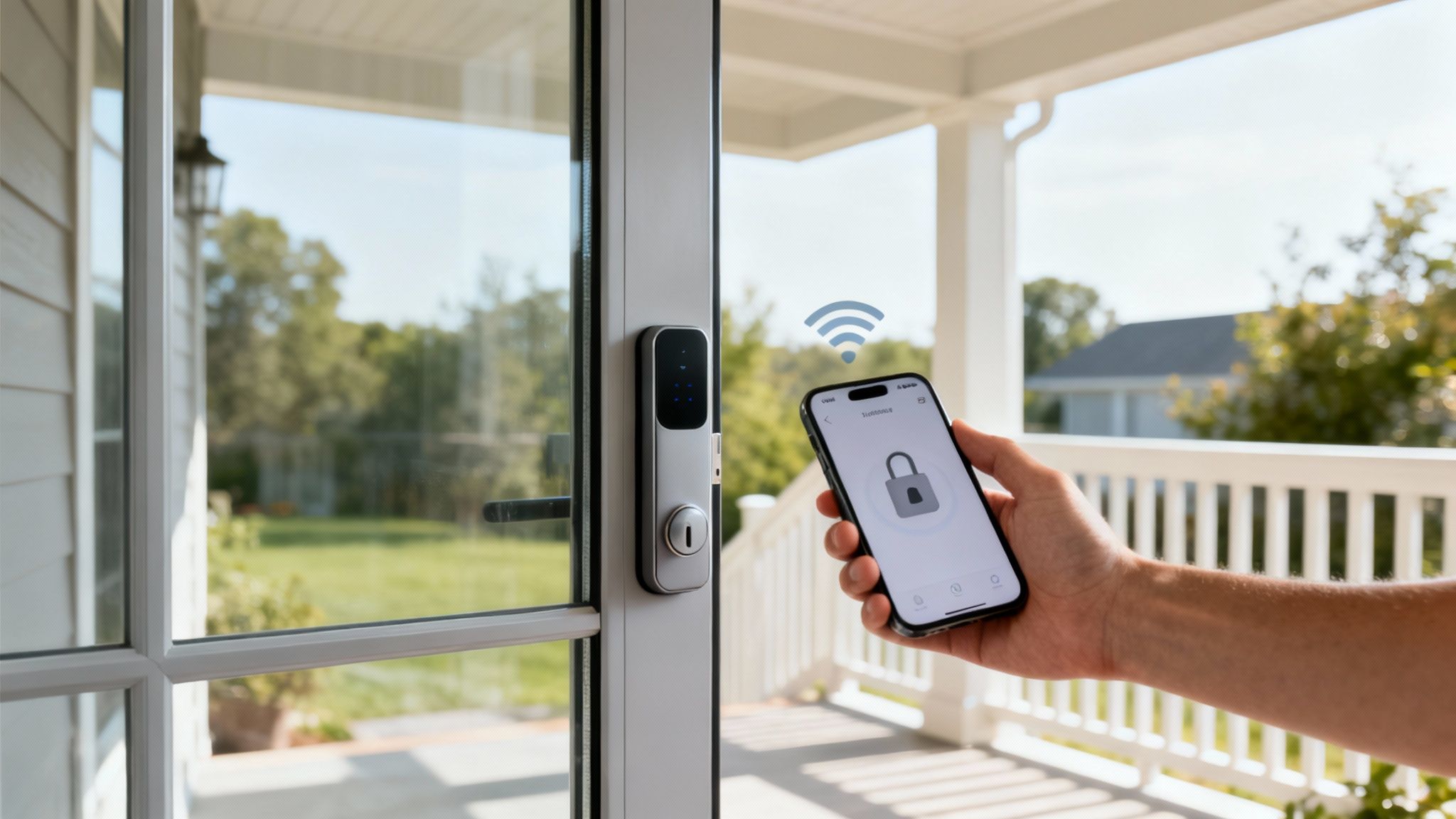 A hand holding a phone wirelessly controls a silver smart lock on a clear sliding glass door.