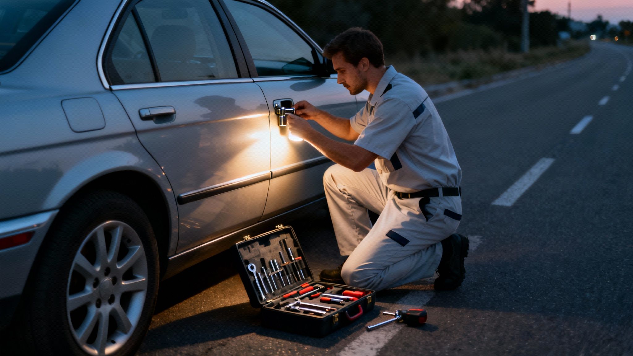 A roadside technician works on a silver car's frozen door lock at night, using tools and a bright light.