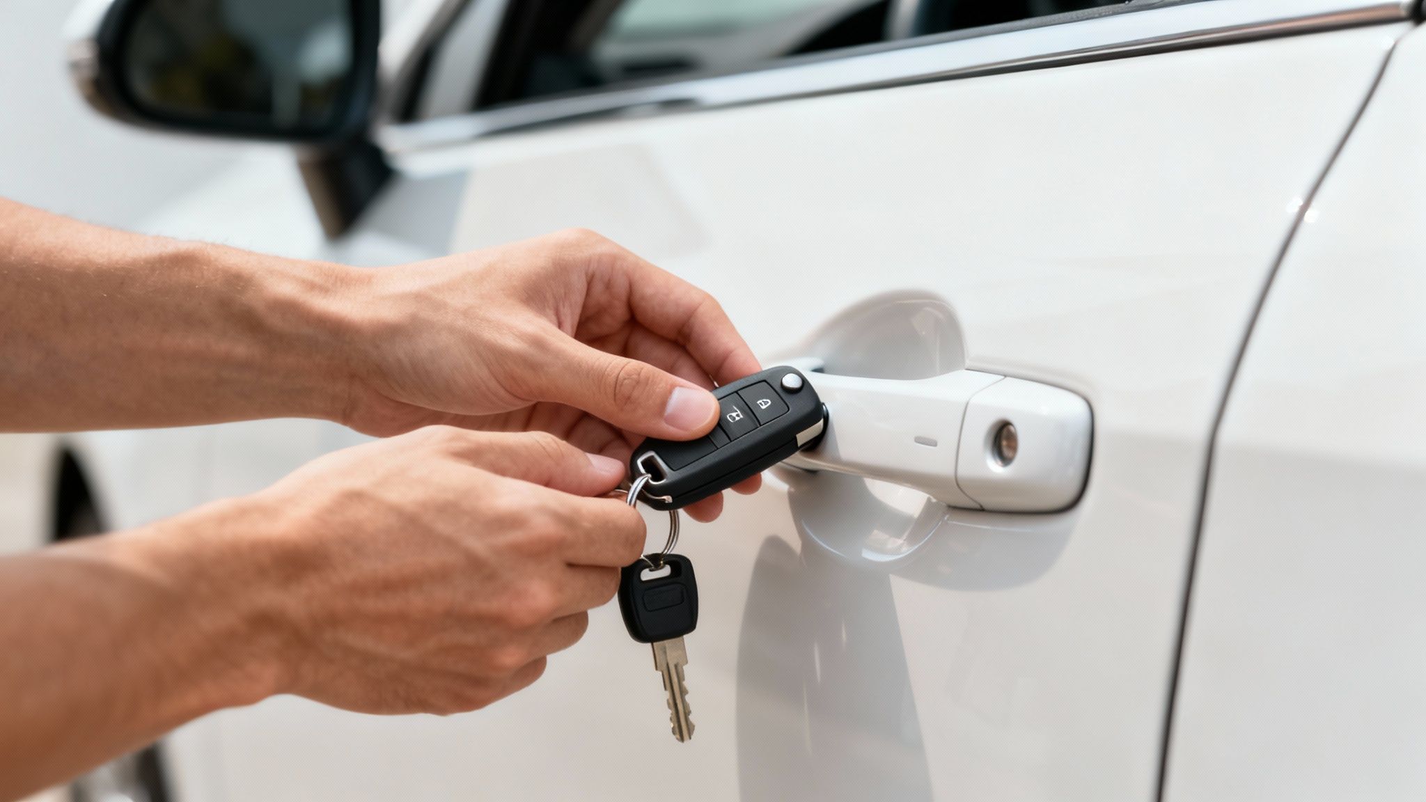 Close-up of hands inserting car keys into a white car door handle.