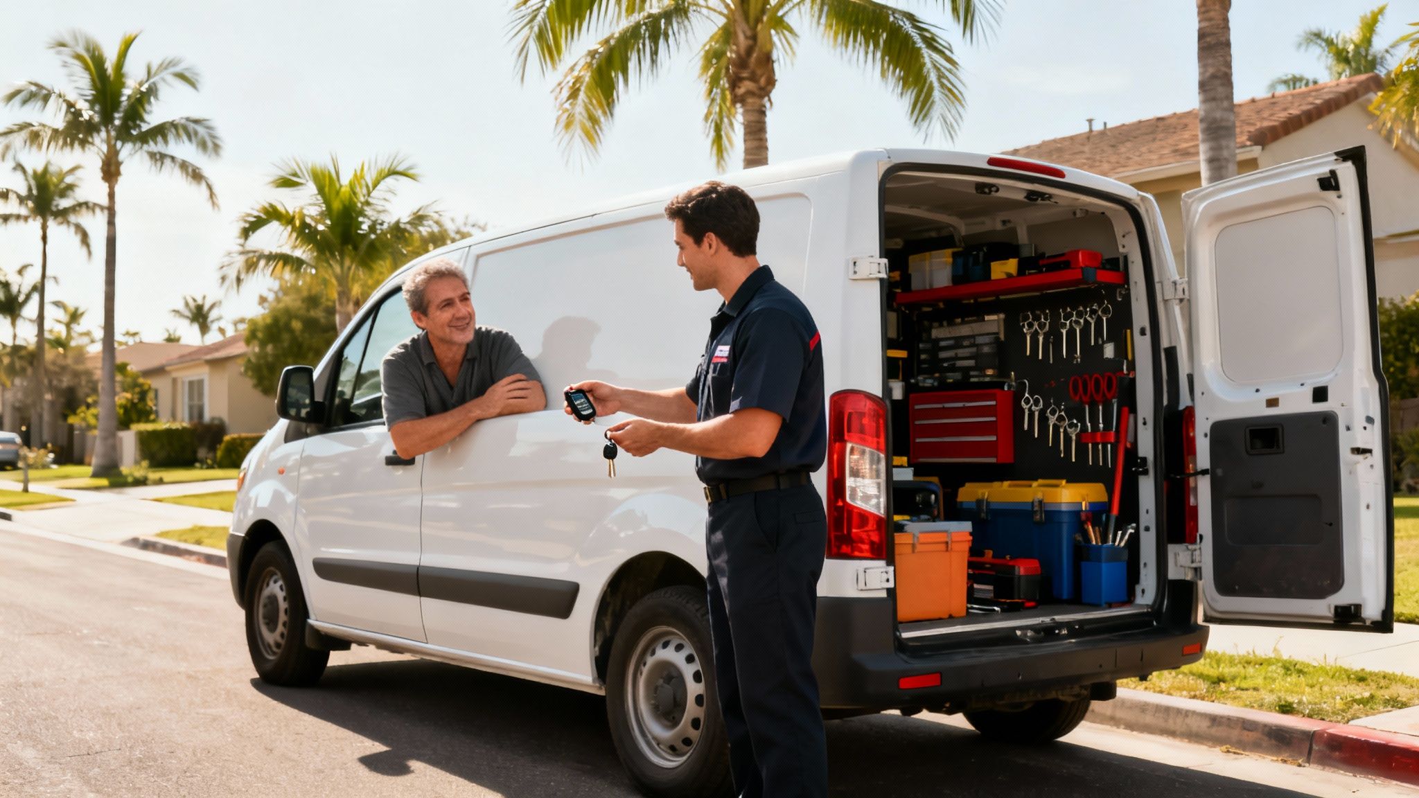 A service technician hands car keys to a smiling customer leaning from a white van.