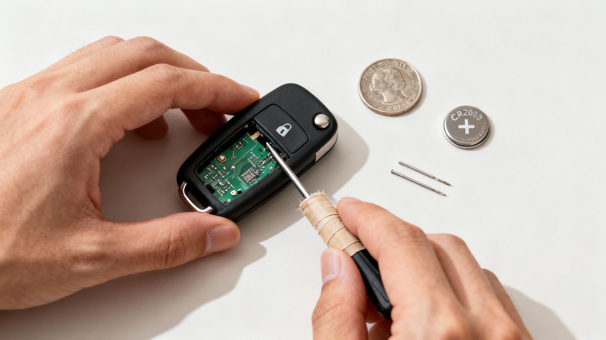 Close-up of hands opening a car key fob with a screwdriver to replace its battery.