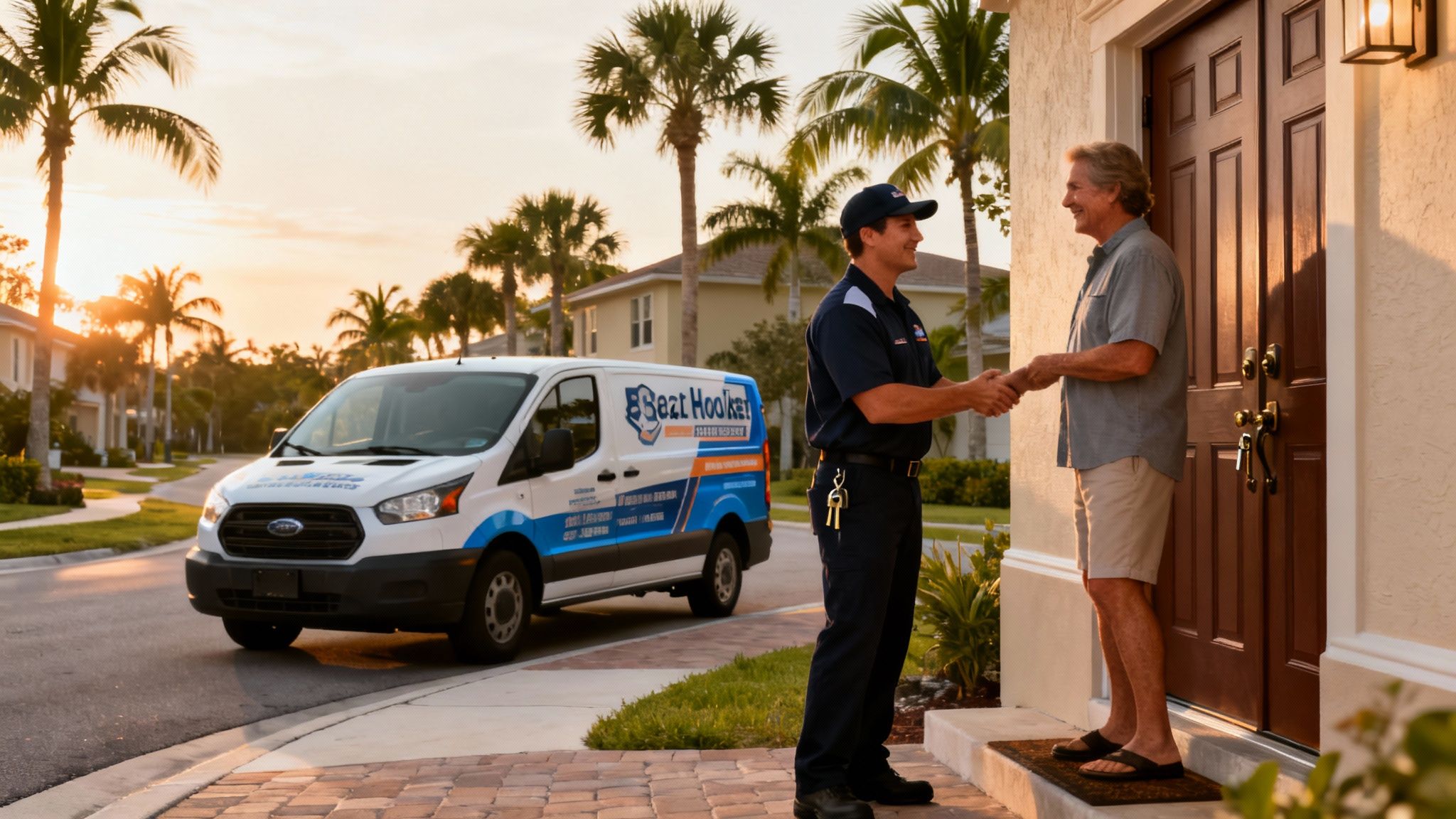 A service technician shaking hands with a smiling customer at a home, with a company van parked nearby.