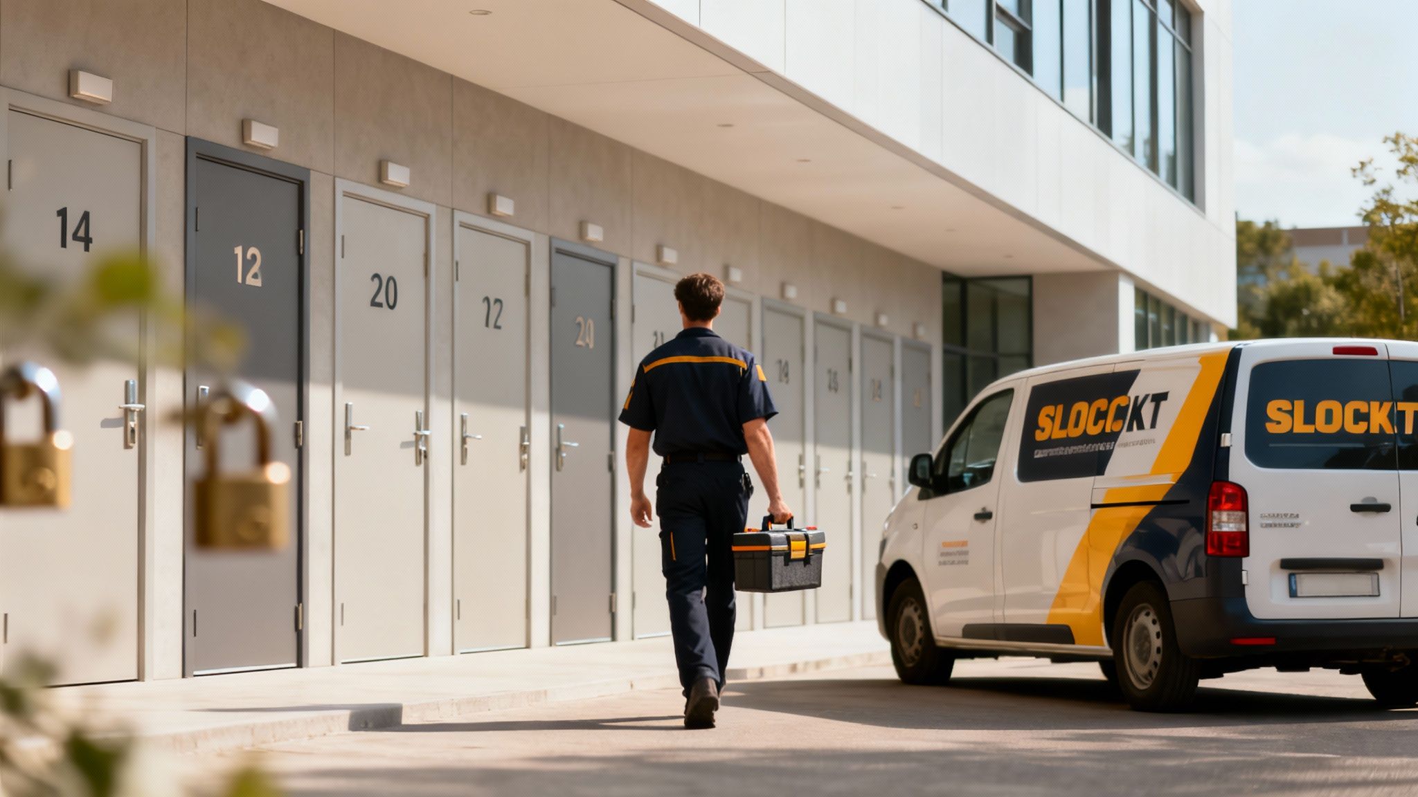 A technician with a toolbox approaches numbered doors, with a branded service van parked nearby.