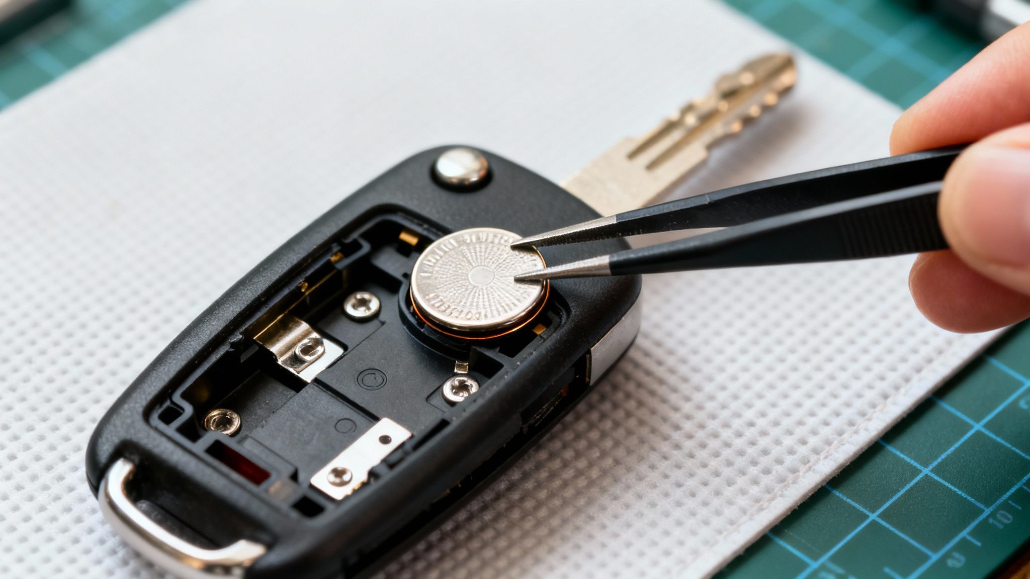 Close-up of a person using tweezers to replace a coin cell battery in a car key fob.