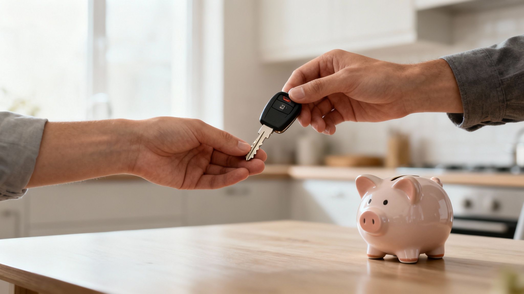 Hands exchanging a car key next to a pink piggy bank, symbolizing car savings.