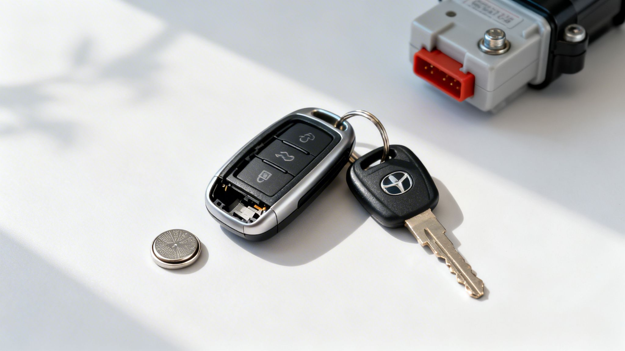 Close-up of a smart car key with an open battery compartment, a traditional car key, and a coin cell battery.