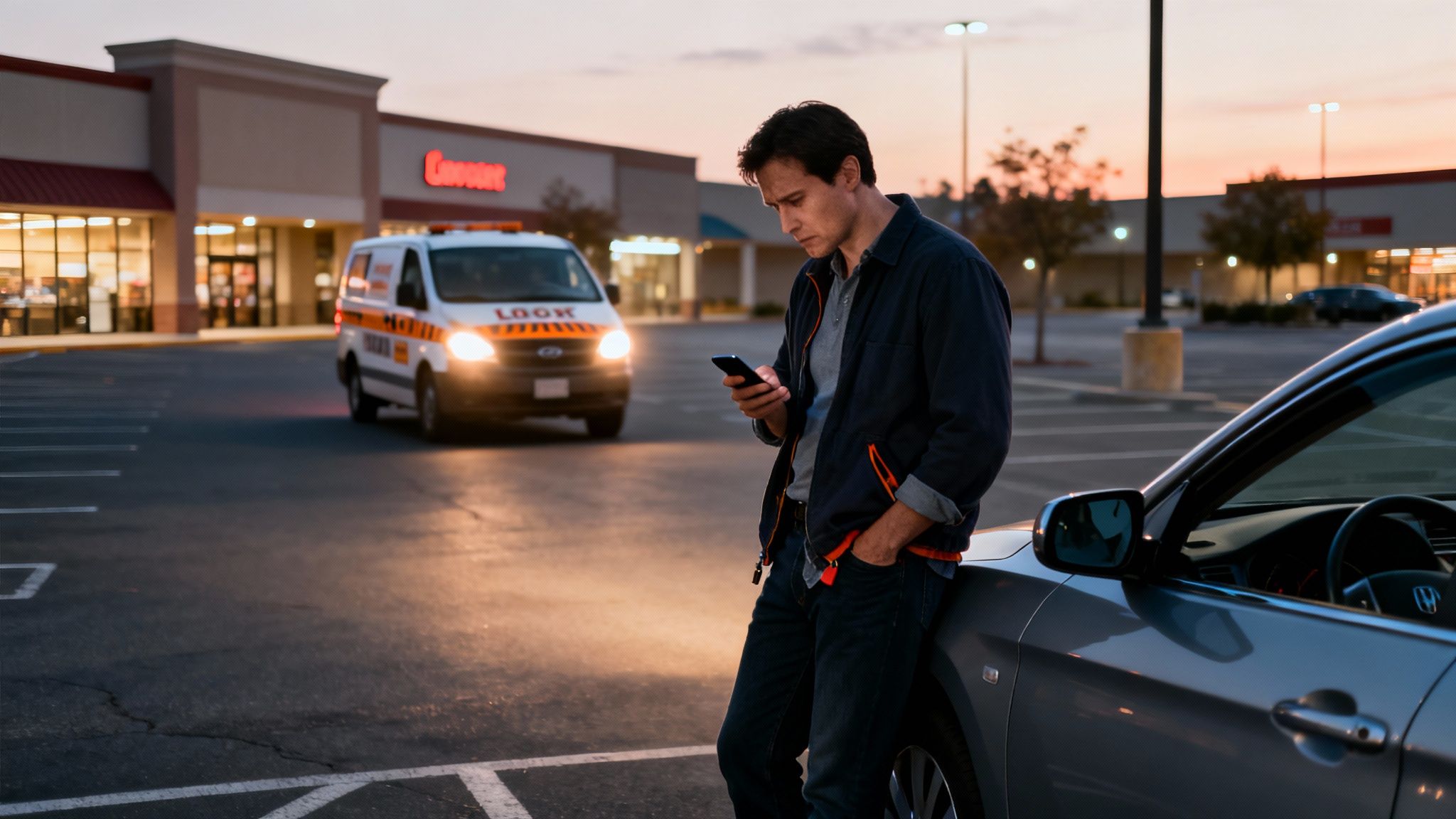 Man checking phone, leaning on a grey car in a parking lot with a white service van approaching.