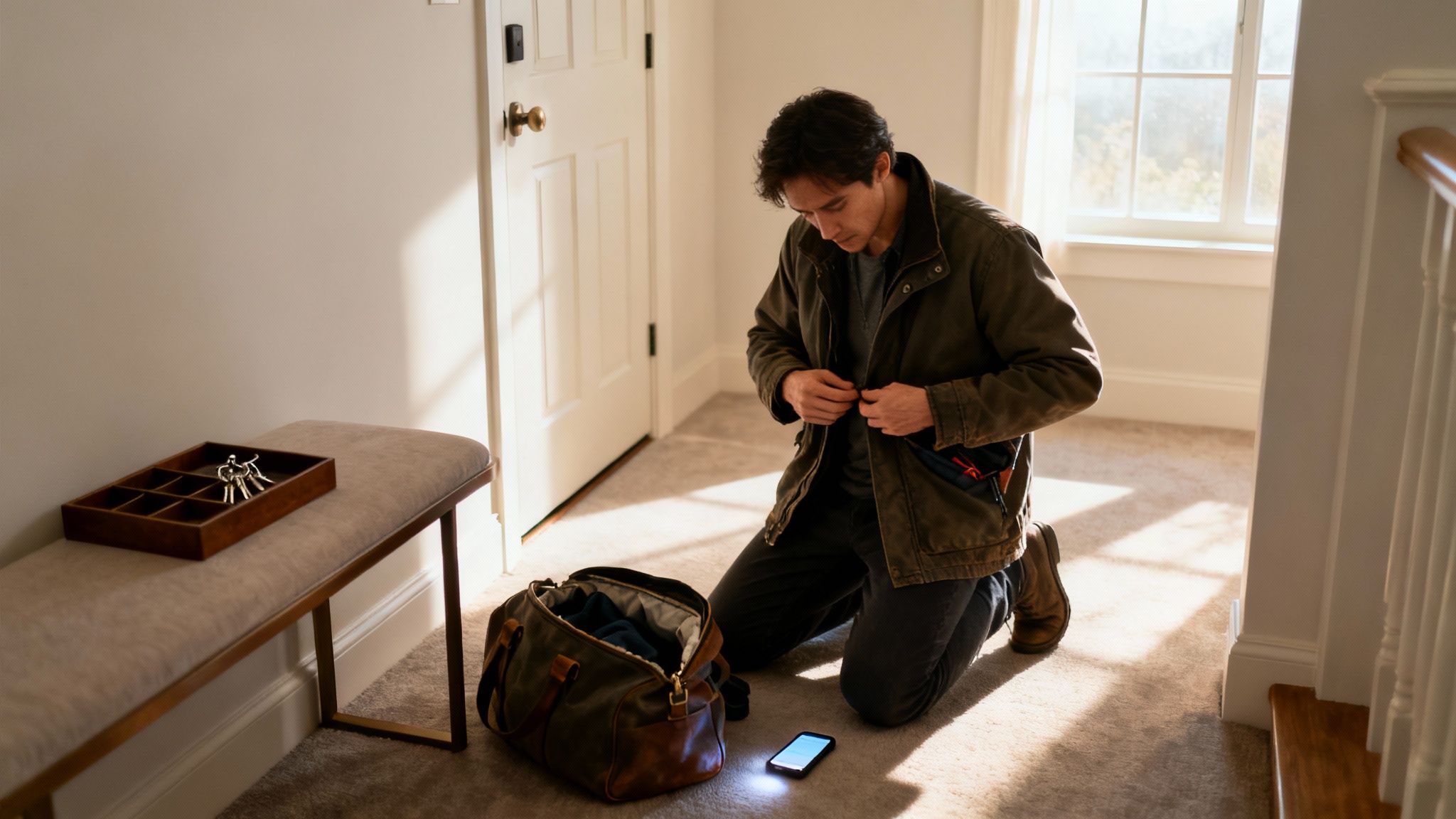 A man kneels on a carpeted floor, zipping his jacket next to a duffel bag and a phone.