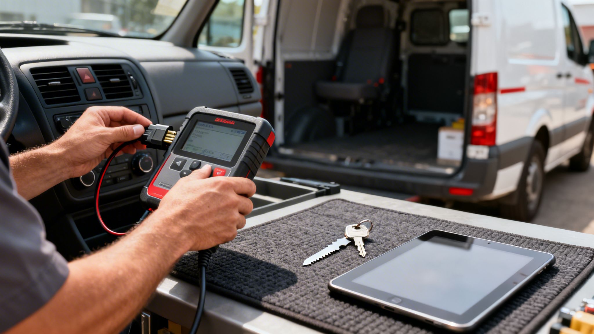 A technician's hands connect a diagnostic tool, with keys and a tablet on a mat, inside a commercial van.