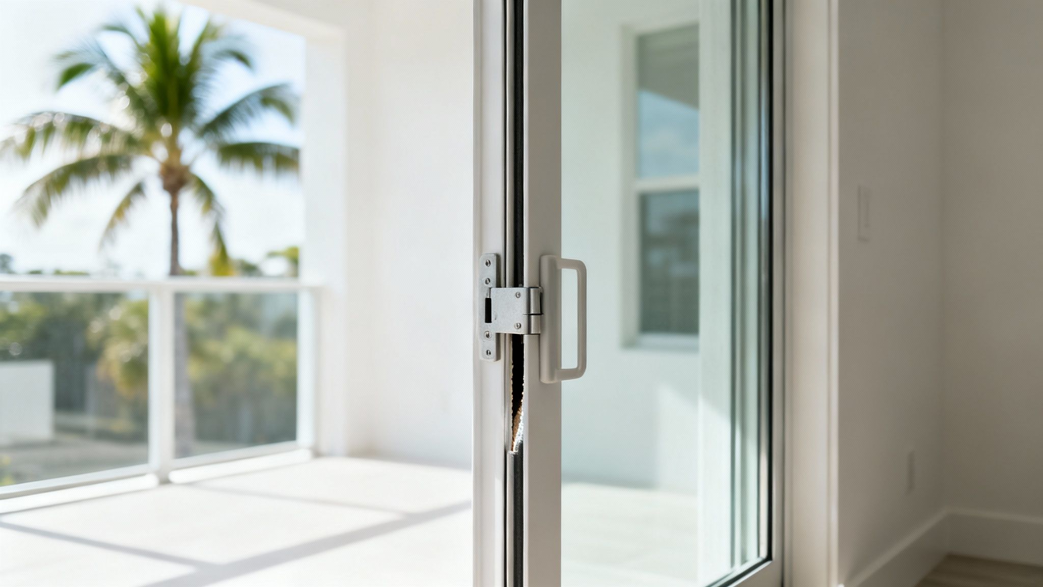 Close-up of a partially open sliding glass door with a security latch, leading to a balcony and palm tree.