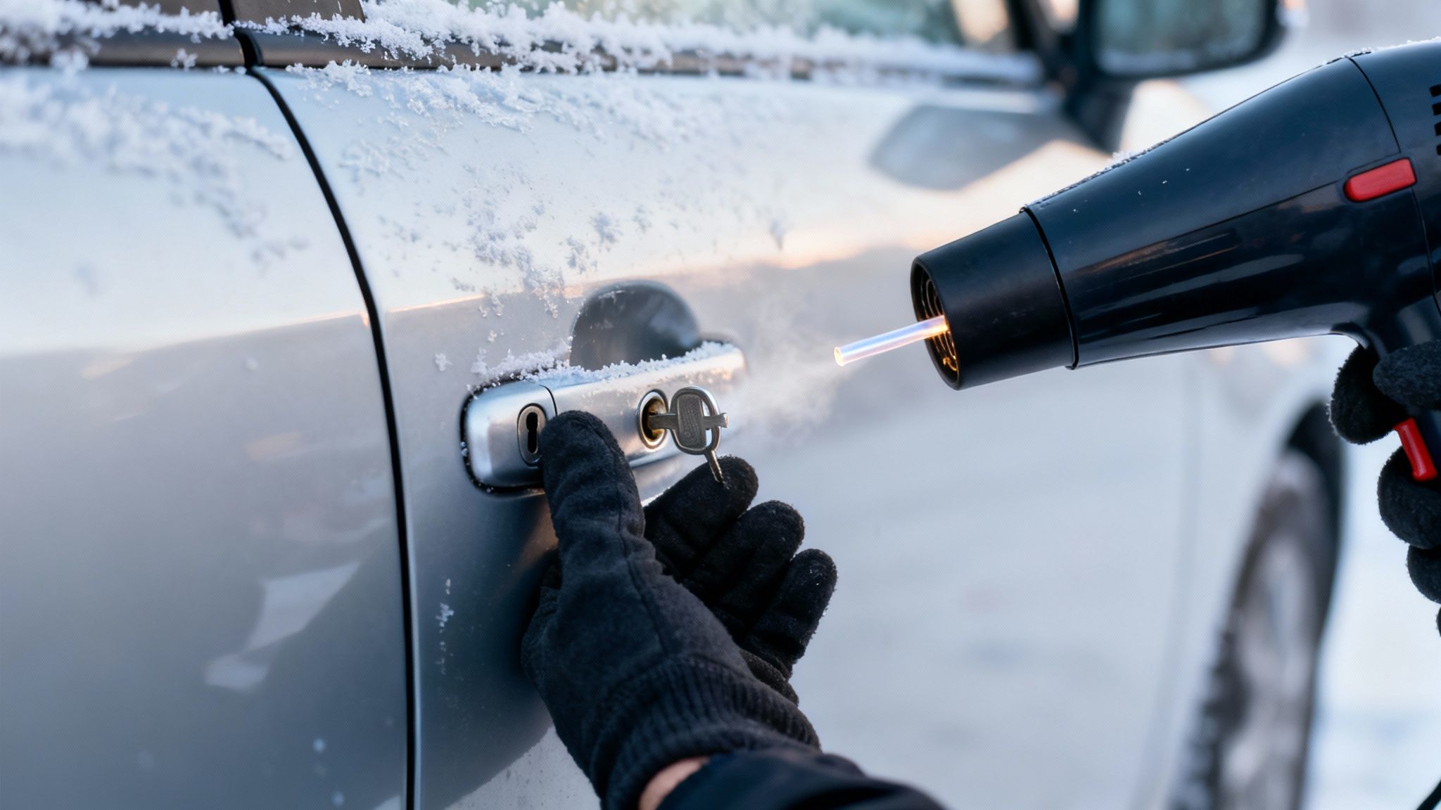 A gloved hand uses a heat gun to melt ice from a frozen car door lock in winter.