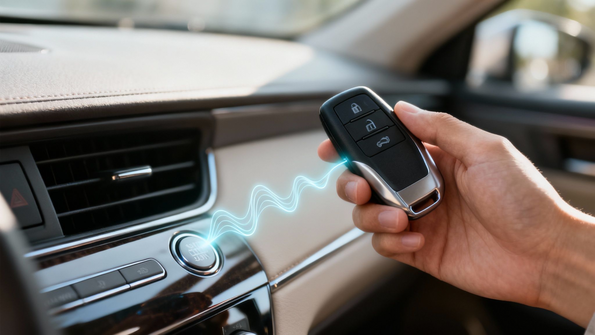 A hand holds a car key fob, sending a blue wireless signal to the engine start button on the dashboard.